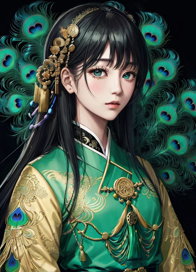 (by Yuko Higuchi:1.4),Higuchi Yuko,(by Yoh:1.2),(masterpiece,best quality,官方艺术,美丽和审美:1.2),(ultra-detailed),finely detail,best illustration,hand drawn high quality,(High contrast),(clean lines:1.3),(lineart),line drawing,(Intricate lines),ligne claire,fractal art,pen drawing,tattoo,(portrait,above the chest,extremely close-up:1.1),1girl,solo,(black long straight hair),green eyes,ancient Chinese clothing,Traditional Chinese Dress,(She is surrounded by peacock feathers),peacocks,(Intricate details),(detailed background:1.2),(colorful:1.0),High Resolution