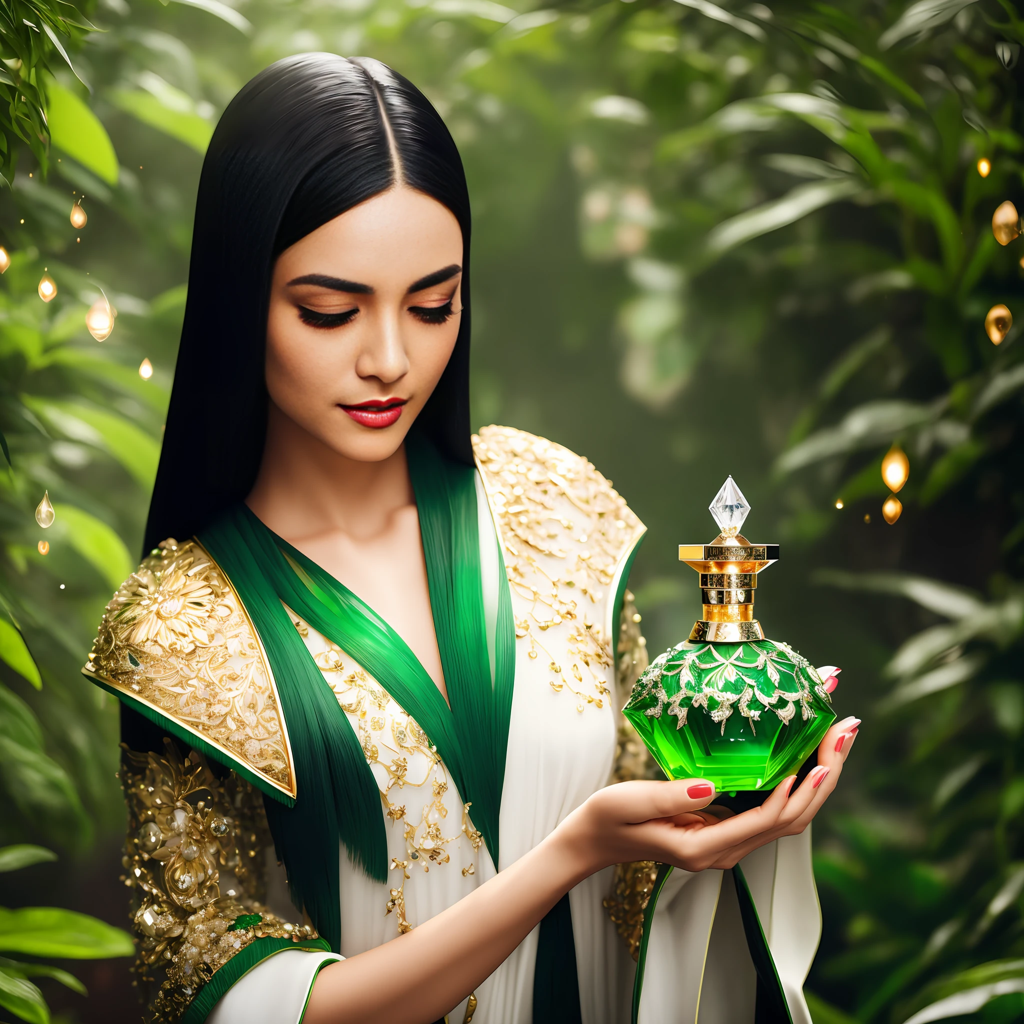 Extraordinary perfume bottle, a huge perfume bottle, shaped like a diamond, with many facets and flashes, expressing the gorgeousness and luxury of the perfume. The bottle cap is inlaid with gold and jade, with plant elements. The color of the perfume bottle is a gradient of green. You can see that the liquid inside is very mysterious and sexy. Spray some fine mist from the mouth of the perfume bottle, forming a beautiful arc. The color of the mist is green, indicating the purity and nobility of the perfume. Fog floats in the air, cinematic light and shadow effect, high contrast, ultra clear, 8k, realistic, masterpiece, blends in with the background, --v 6