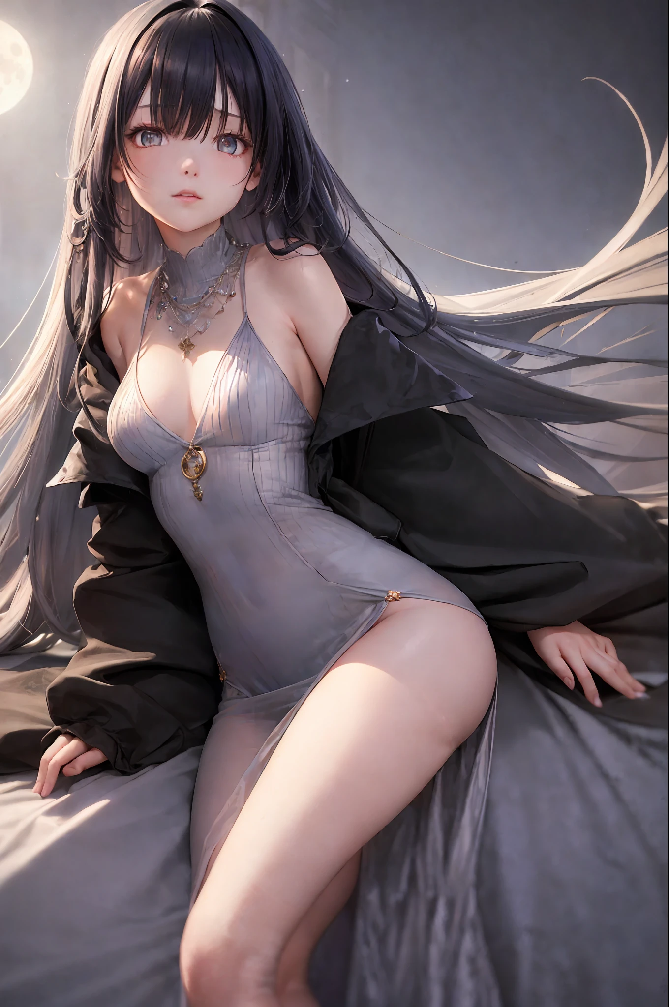 (8k, best quality, masterpiece: 1.2), 1 girl, portrait, (long loose silver exposed dress: 1.1), necklace, cute, moon, night, wet, photon mapping, radiosity, physics-based rendering, ( Intricate details, taut clothes, eye color: red, blue), black hair