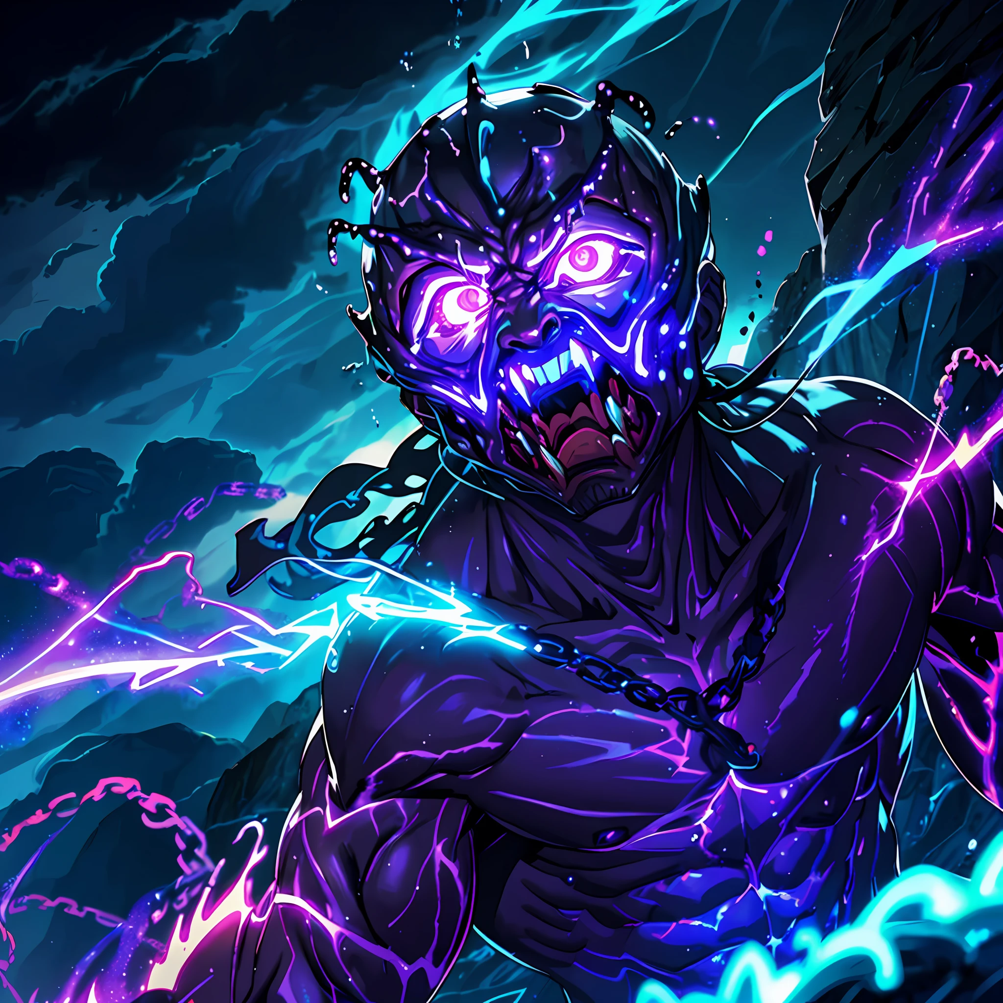 man of  slime, muscles, glowing skin purple, glowing eyes, anger, chains, night, background, lava, lightning, clouds, cowboy angle, dreamy glow