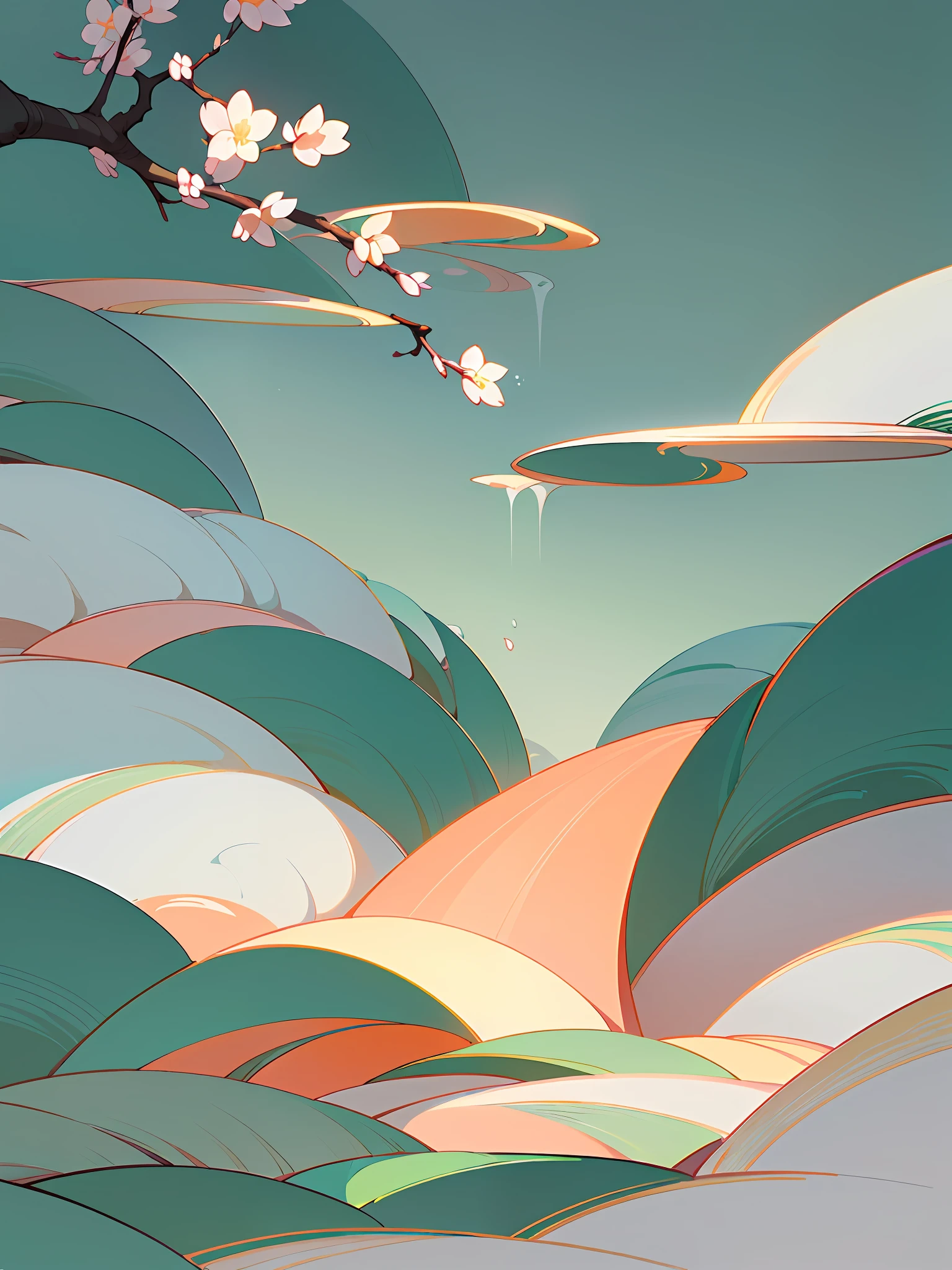 (Chinese landscape), (Zen, Amy Sol style), (spring, peach blossoms, petals, green grass, green water), cover art with light abstraction, abstract, simple vector art, contemporary Chinese art, color gradients, soft color palettes, layered forms, whimsical animation, style Ethereal abstract, 4K, --v6