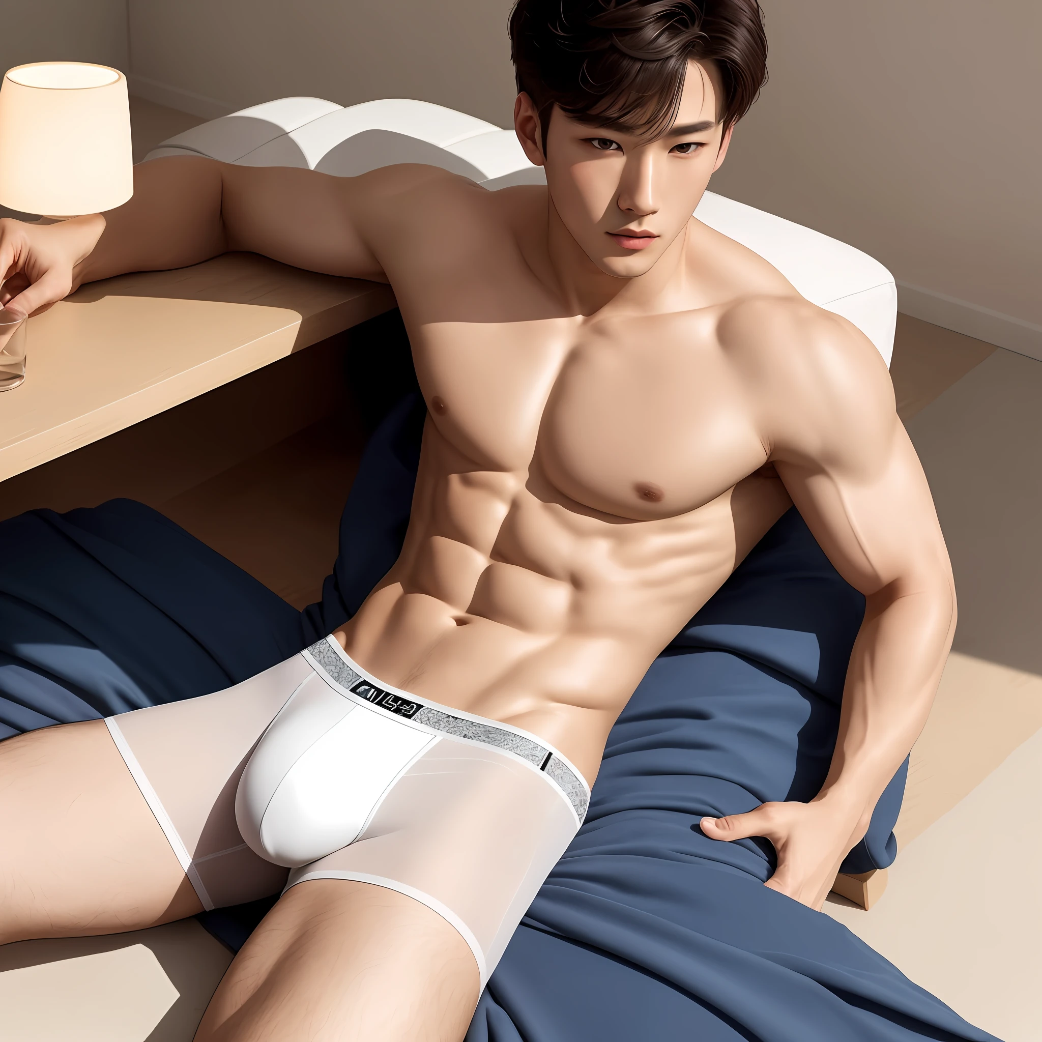 1boy, solo, (masterpiece, ultra quality, high resolution, 8k, intricate: 1.2), (detailed face:1.2), handsome, Young Korean man ,white skin, double eyelids , detailed skin, 1boy, ((realistic)), male focus, ((realistic)), ((pale skin)), , hunk, handsome,1boy, Korean male wearing white speedo, tight see through tops, wet underwear, bulge, good lighting quality,(sitting:1.2) ,top view