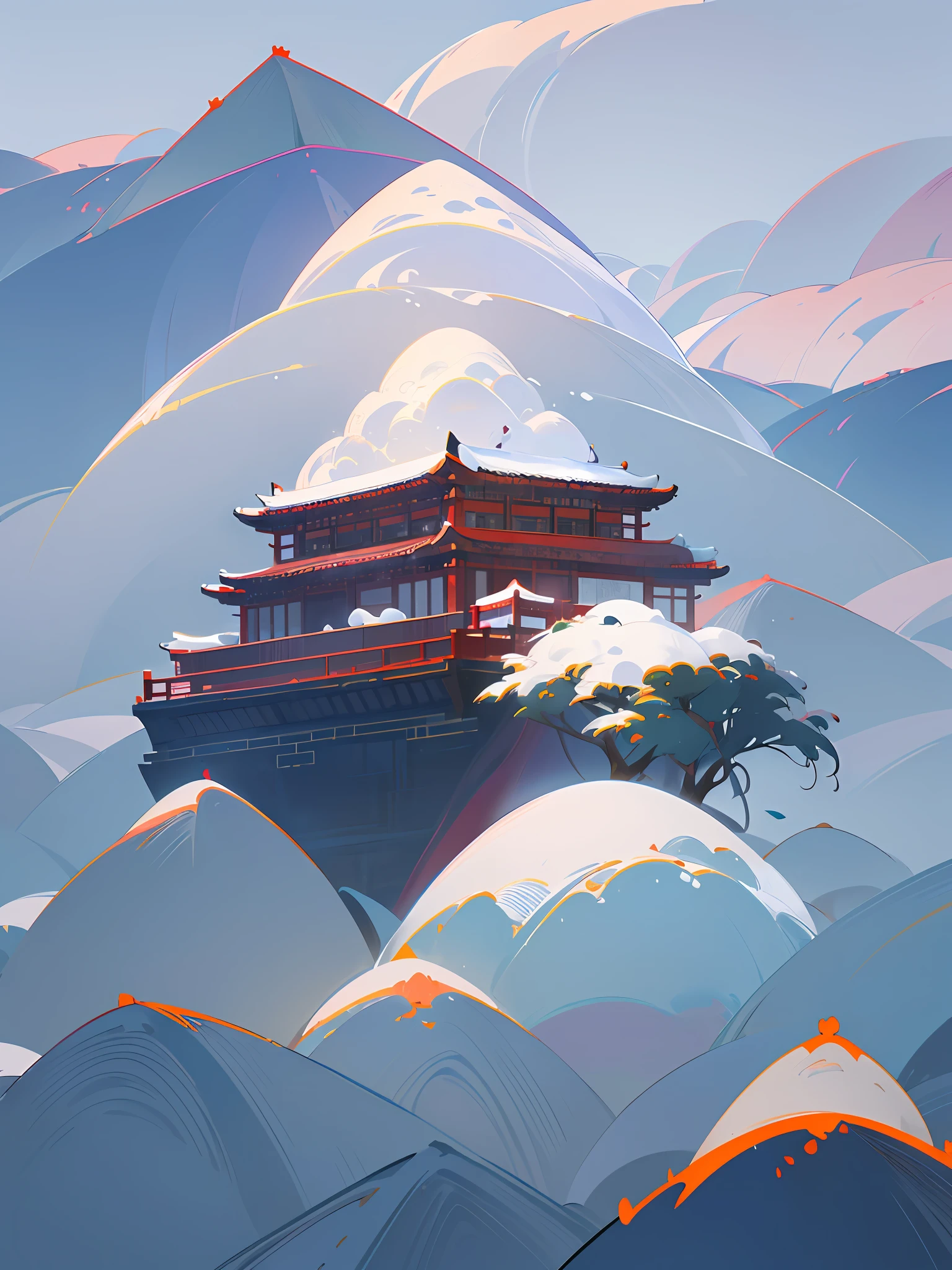 (Chinese landscape), (Zen, Amy Sol style), (winter, snow, drifting snow, red plums, mountains, chinese ancient architecture), cover art with light abstraction, abstract, simple vector art, contemporary Chinese art, color gradients, soft color palettes, layered forms, whimsical animation, style Ethereal abstract, 4K, --v6