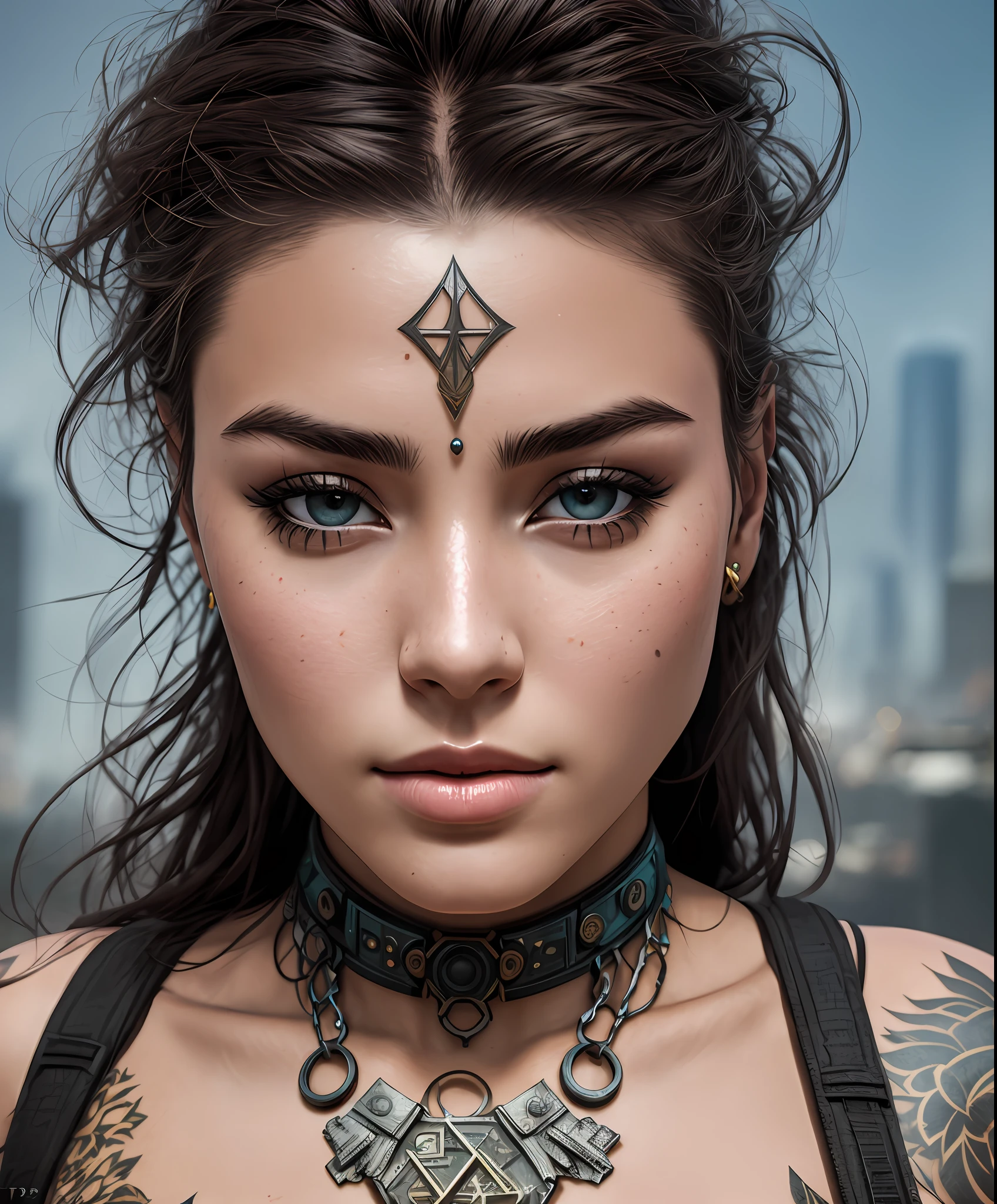 a hyper realistic ultra detailed photograph of a futuristic beautiful barbarian woman wearing sunglasses at a dystopian city, tattered outfit with rusty metal armor plates, long wild hair, tattooed hands and body, fashion pose, detailed symmetric beautiful hazel eyes, detailed gorgeous face, apocalyptic environment, exquisite detail, 30-megapixel, 4k, Canon EOS 5D Mark IV DSLR, 85mm lens, sharp focus, intricately detailed, long exposure time, f/8, ISO 100, shutter speed 1/125, diffuse back lighting, award winning photograph, facing camera, looking into camera, monovisions, perfect contrast, High sharpness, facial symmetry, depth of field, ultra-detailed photography, raytraced, global illumination, TanvirTamim, smooth, ultra high definition, 8k, unreal engine 5, ultra sharp focus, award-winning photograph, trending on artstation