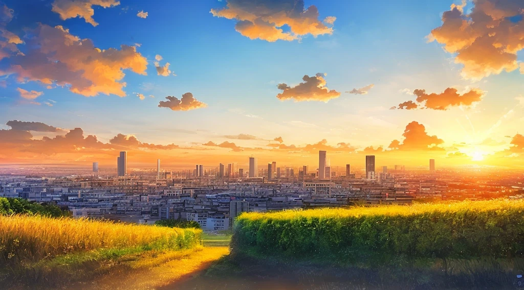 masterpiece, best quality, illustration, colorful, pretty background, sunset, orange color, sky, clouds, grass, city far, birds far, no sun, road aside, wires