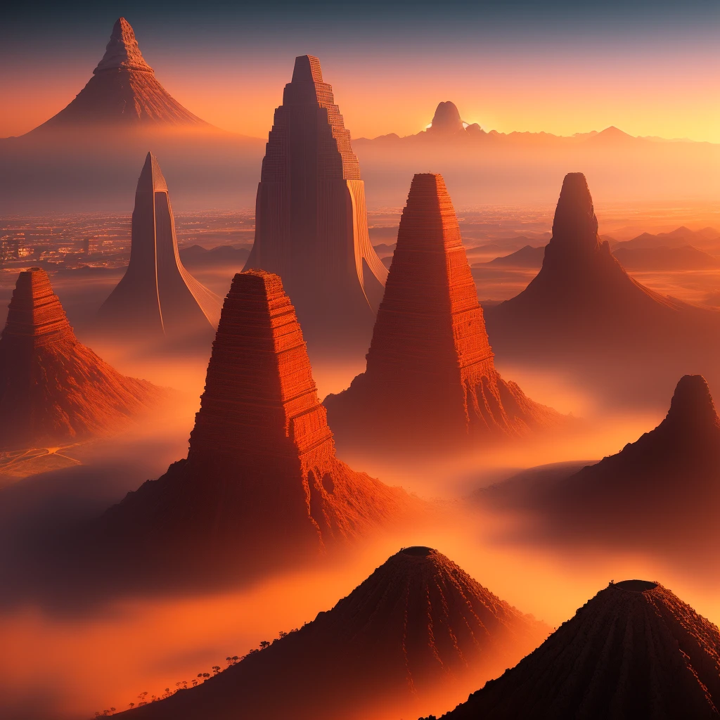 landscape photography of a city with skyscrapers nuilt inside a giant volcano crater, red haze, dust, orange sky