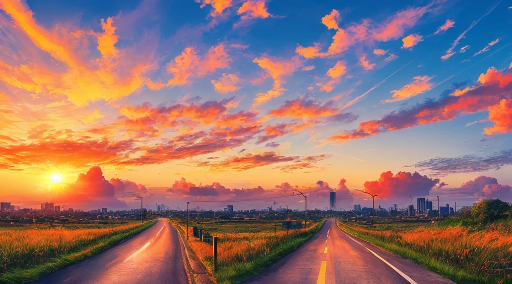 masterpiece, best quality, illustration, colorful, pretty background, sunset, orange color, sky, clouds, grass, city far, birds far, no sun, road aside, wires