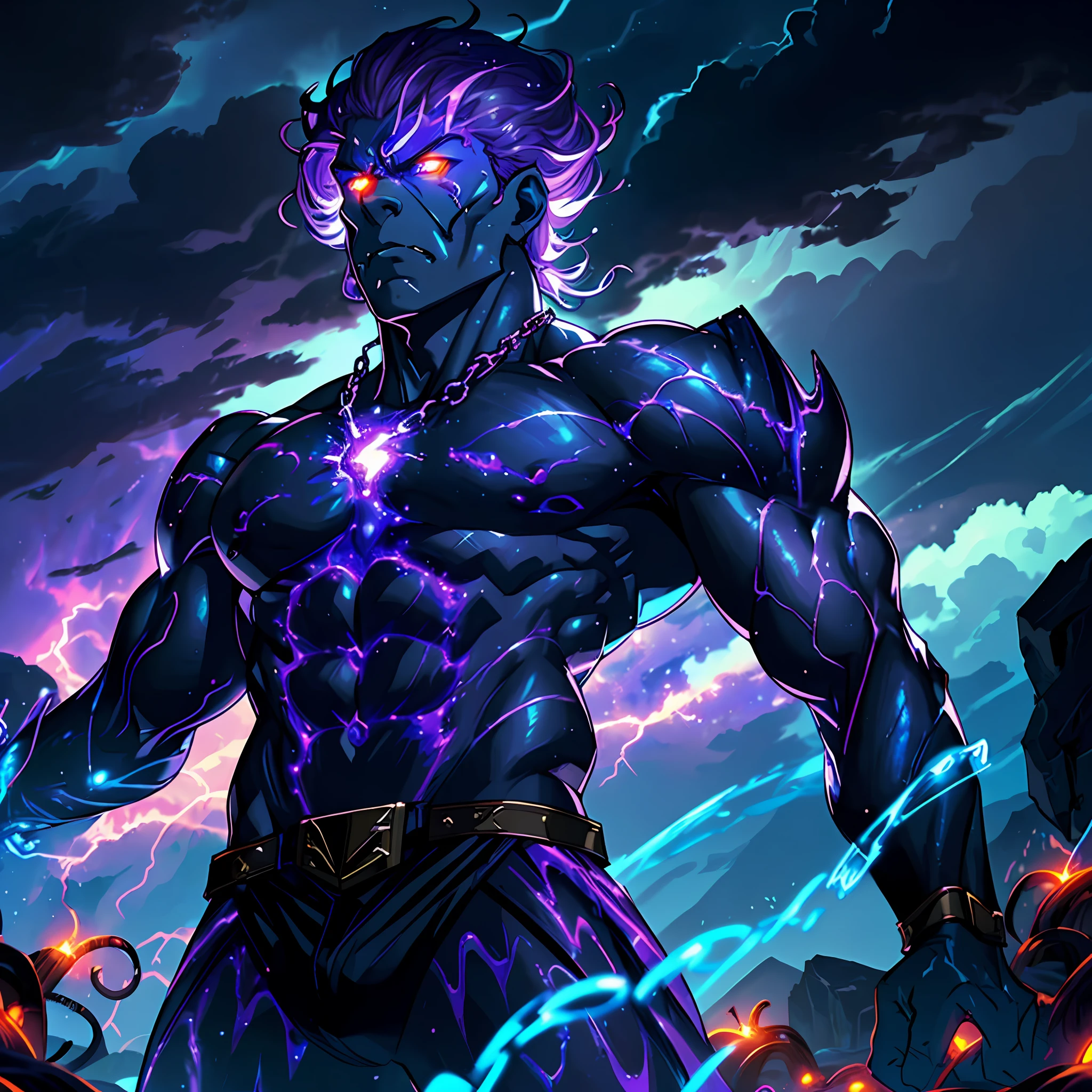 man of slime, muscles, glowing skin purple, glowing eyes, anger, chains, night, background, lava, lightning, clouds, cowboy angle, dreamy glow