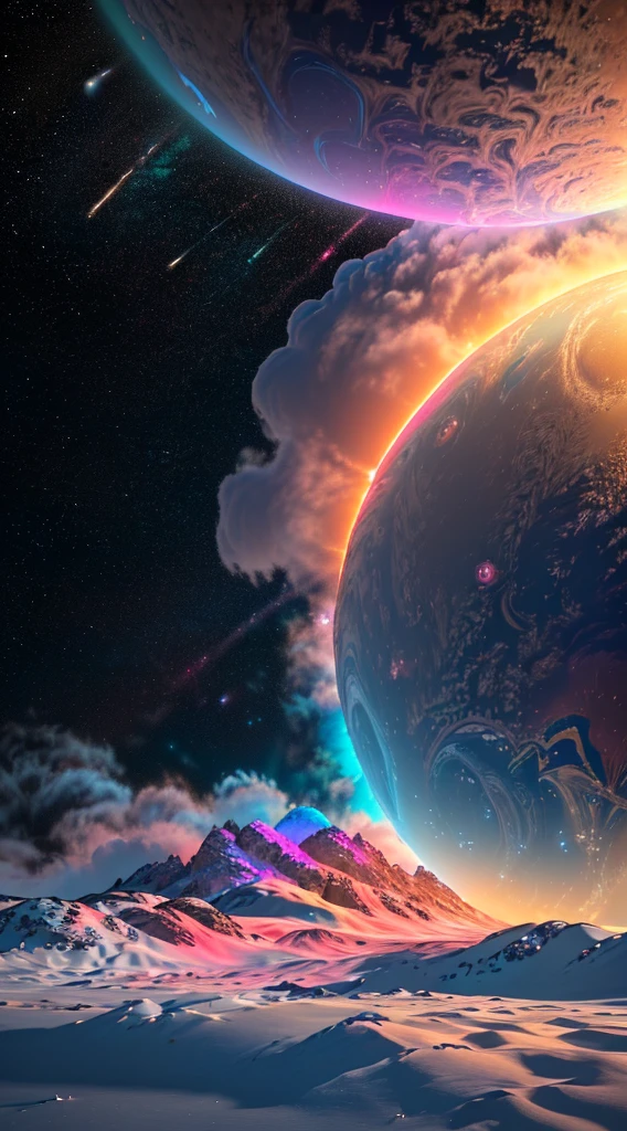 dublex ((((8k)))) HD photo extremely detailed render (((iridescent))) planet, yellow-pink electric snow landscape, some biological features on the planet’s surface are so massive they can been seen from space, cities can be seen from space ((lights)) ((swirling clouds))High Detail, Sharp focus, dramatic, Bewildering