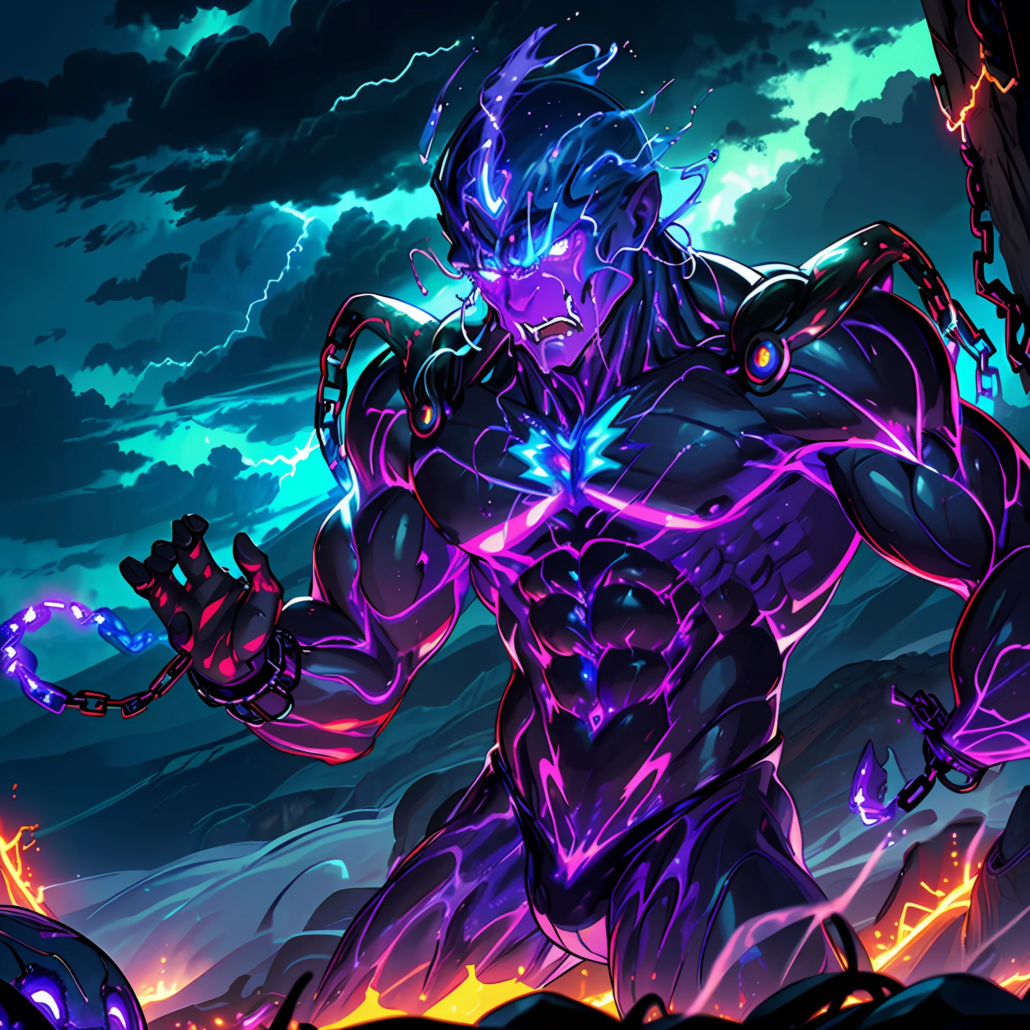 man of slime, muscles, glowing skin purple, glowing eyes, anger, chains, night, background, lava, lightning, clouds, cowboy angle, dreamy glow