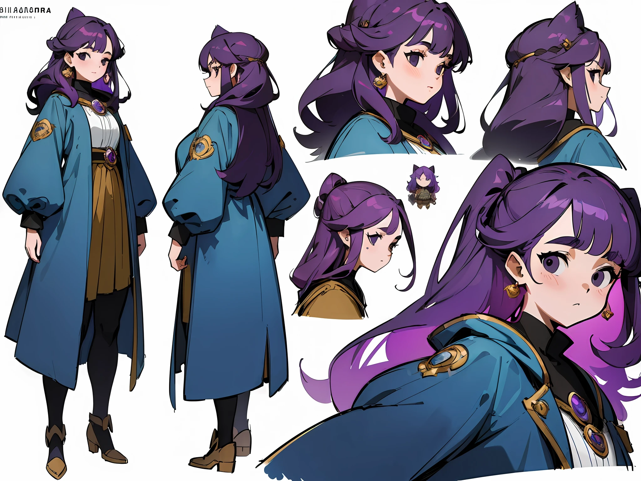((masterpiece)),(((best quality))),((character design sheet,same character,front,side,back)),illustration,21 year old girl,long hair,hair on ears, black eyes,environment Scene change, pose too,overweight, wears a magic ring with purple light, charturnbetalora, (simple background, white background: 1.3)