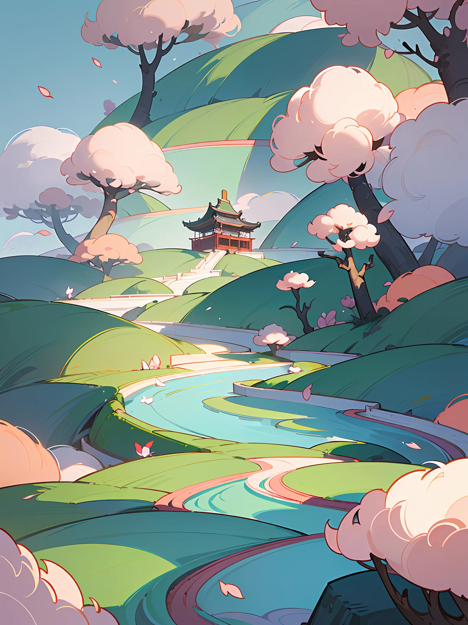 (Chinese landscape), (Zen, Amy Sol style), (spring, peach blossoms, petals, green grass, chinese ancient architecture), cover art with light abstraction, abstract, simple vector art, contemporary Chinese art, color gradients, soft color palettes, layered forms, whimsical animation, style Ethereal abstract, 4K, --v6