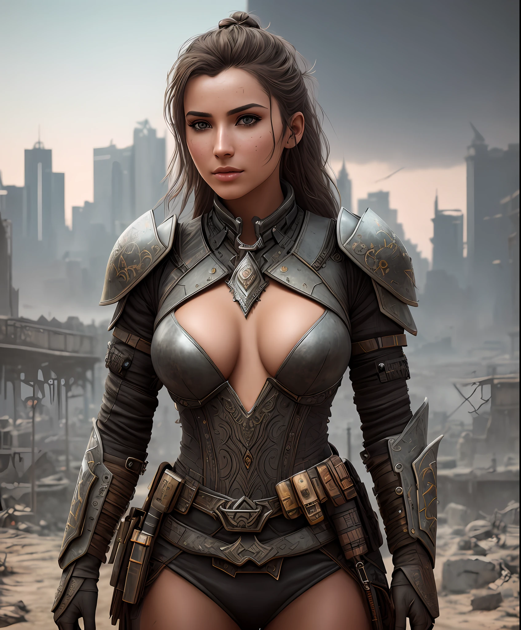 a hyper realistic ultra detailed photograph of a futuristic beautiful barbarian woman wearing sunglasses at a dystopian city, tattered outfit with rusty metal armor plates, long wild hair, tattooed hands and body, fashion pose, detailed symmetric beautiful hazel eyes, detailed gorgeous face, apocalyptic environment, exquisite detail, 30-megapixel, 4k, Canon EOS 5D Mark IV DSLR, 85mm lens, sharp focus, intricately detailed, long exposure time, f/8, ISO 100, shutter speed 1/125, diffuse back lighting, award winning photograph, facing camera, looking into camera, monovisions, perfect contrast, High sharpness, facial symmetry, depth of field, ultra-detailed photography, raytraced, global illumination, TanvirTamim, smooth, ultra high definition, 8k, unreal engine 5, ultra sharp focus, award-winning photograph, trending on artstation