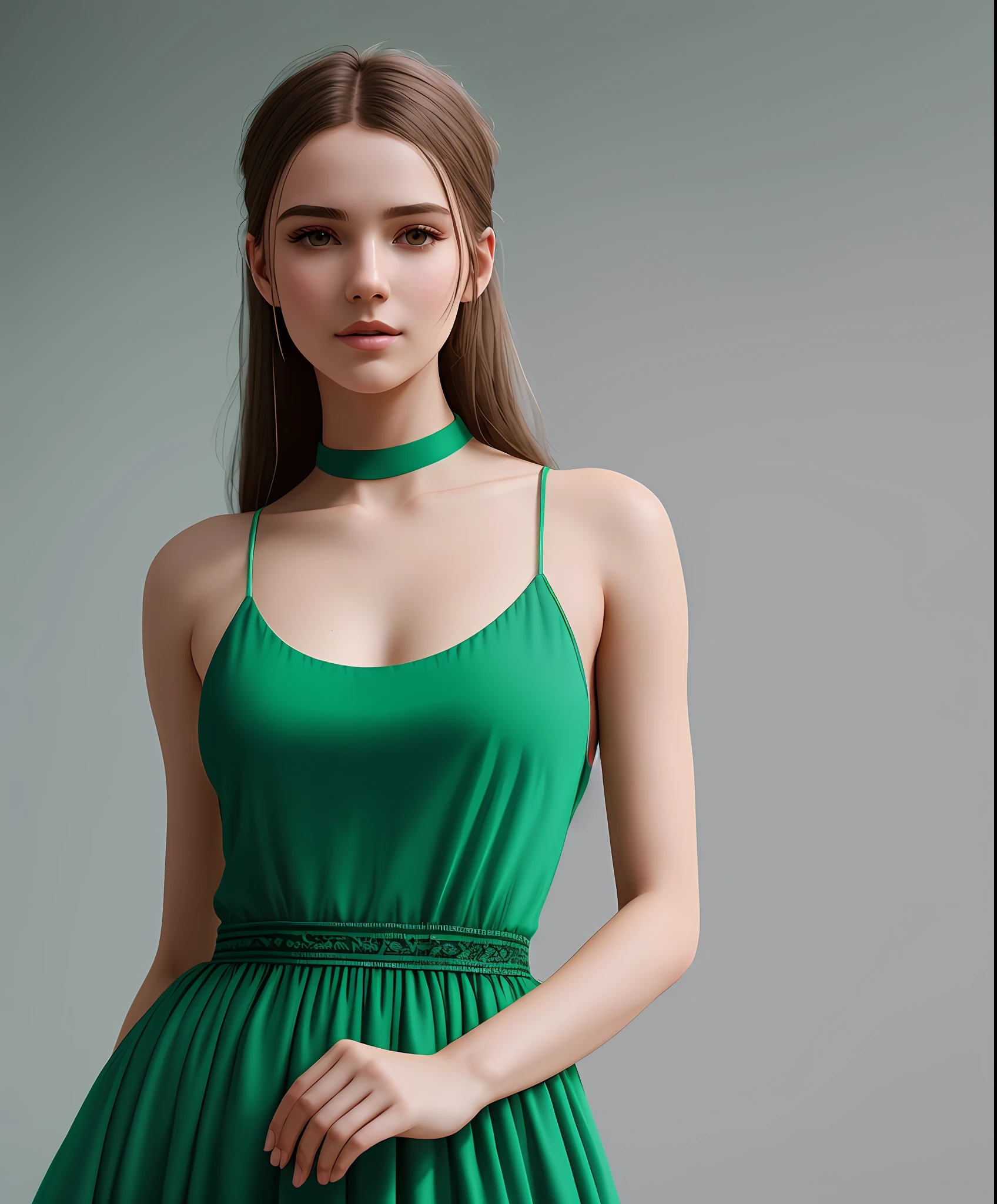 uminism, head-to-shoulder portrait of a Cute student model, ((long green dress)), smooth soft skin, symmetrical, natural skin texture, illuminated by neon as the only light source, wearing a white tank top with a collar, a detailed face, photorealism, soft pastel colors sparkling, looking into the camera, blue iris, photorealistic painting, sharp focus, 8k, perfect composition, trending on artstation, award-winning photograph, unreal engine 5, cinematic smooth, intricate detail, studio photo, highly detailed. simple background.