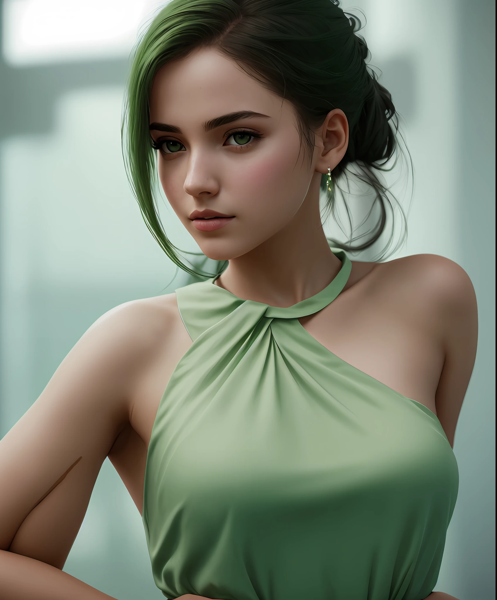 uminism, head-to-shoulder portrait of a Cute student model, ((long green dress)), smooth soft skin, symmetrical, natural skin texture, illuminated by neon as the only light source, wearing a white tank top with a collar, a detailed face, photorealism, soft pastel colors sparkling, looking into the camera, blue iris, photorealistic painting, sharp focus, 8k, perfect composition, trending on artstation, award-winning photograph, unreal engine 5, cinematic smooth, intricate detail, studio photo, highly detailed. simple background.