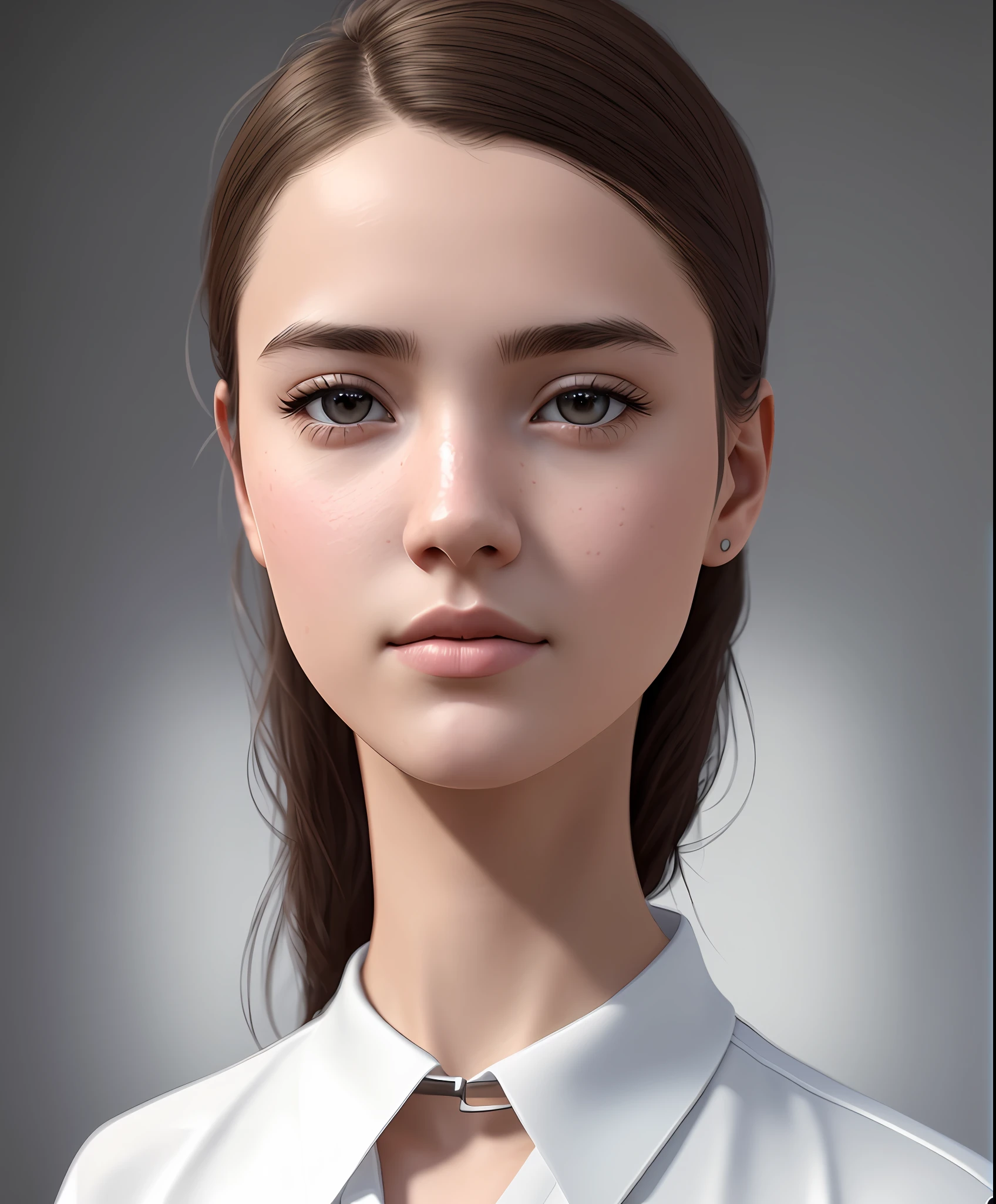 full head-to-shoulder portrait, soft natural lighting, Cute student model: smooth soft skin, symmetrical, natural skin texture, soft lighting, wearing school uniform with collar, detailed face, photorealism, soft pastel colors sparkling, looking into the camera, photorealistic painting, sharp focus, 8k, perfect composition, trending on artstation, award-winning photograph, unreal engine 5, cinematic smooth, intricate detail, studio photo, highly detailed. simple background.