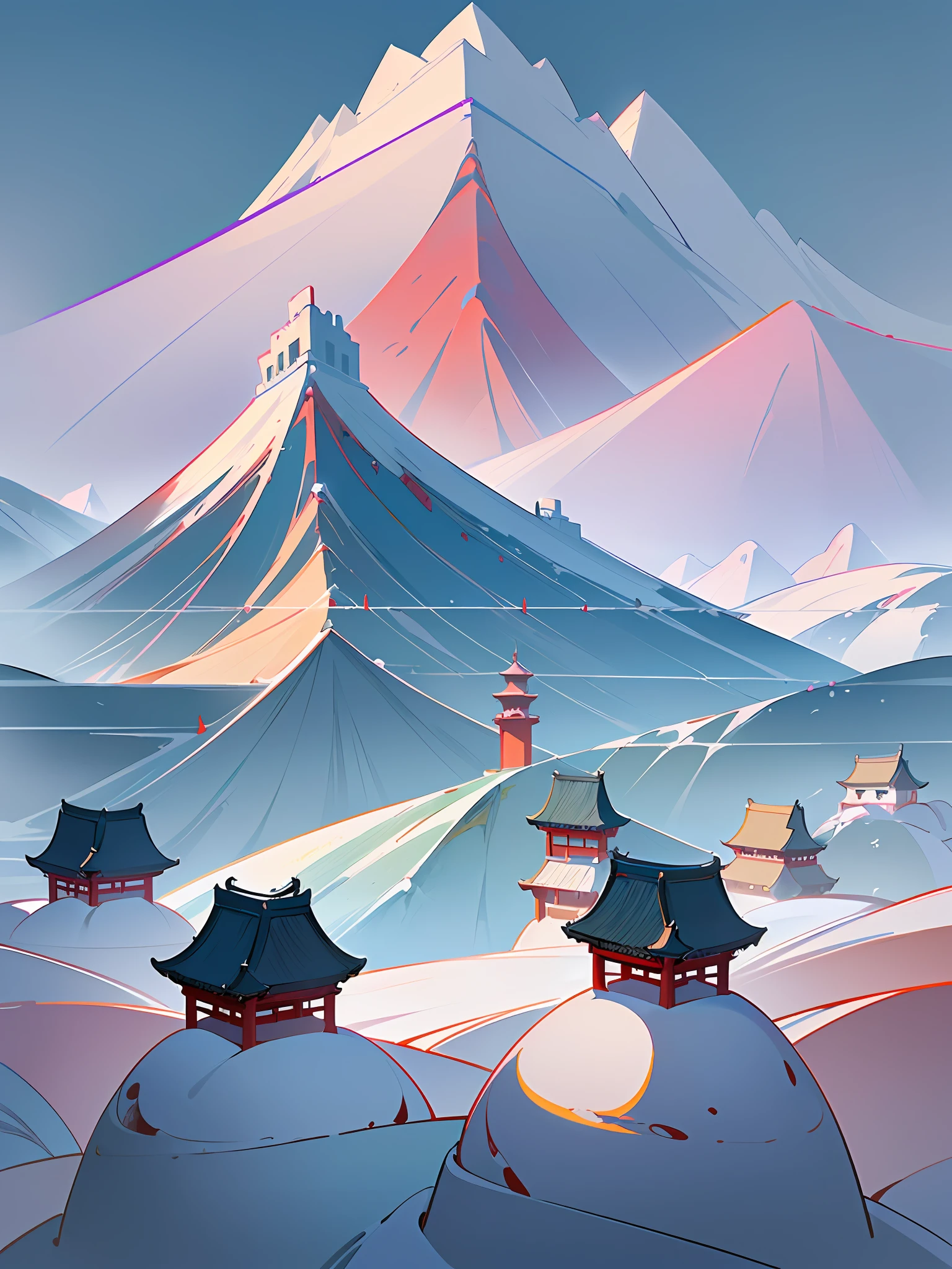 (Chinese landscape), (Zen, Amy Sol style), (winter, snow, drifting snow, red plums, mountains, chinese ancient architecture), cover art with light abstraction, abstract, simple vector art, contemporary Chinese art, color gradients, soft color palettes, layered forms, whimsical animation, style Ethereal abstract, 4K, --v6