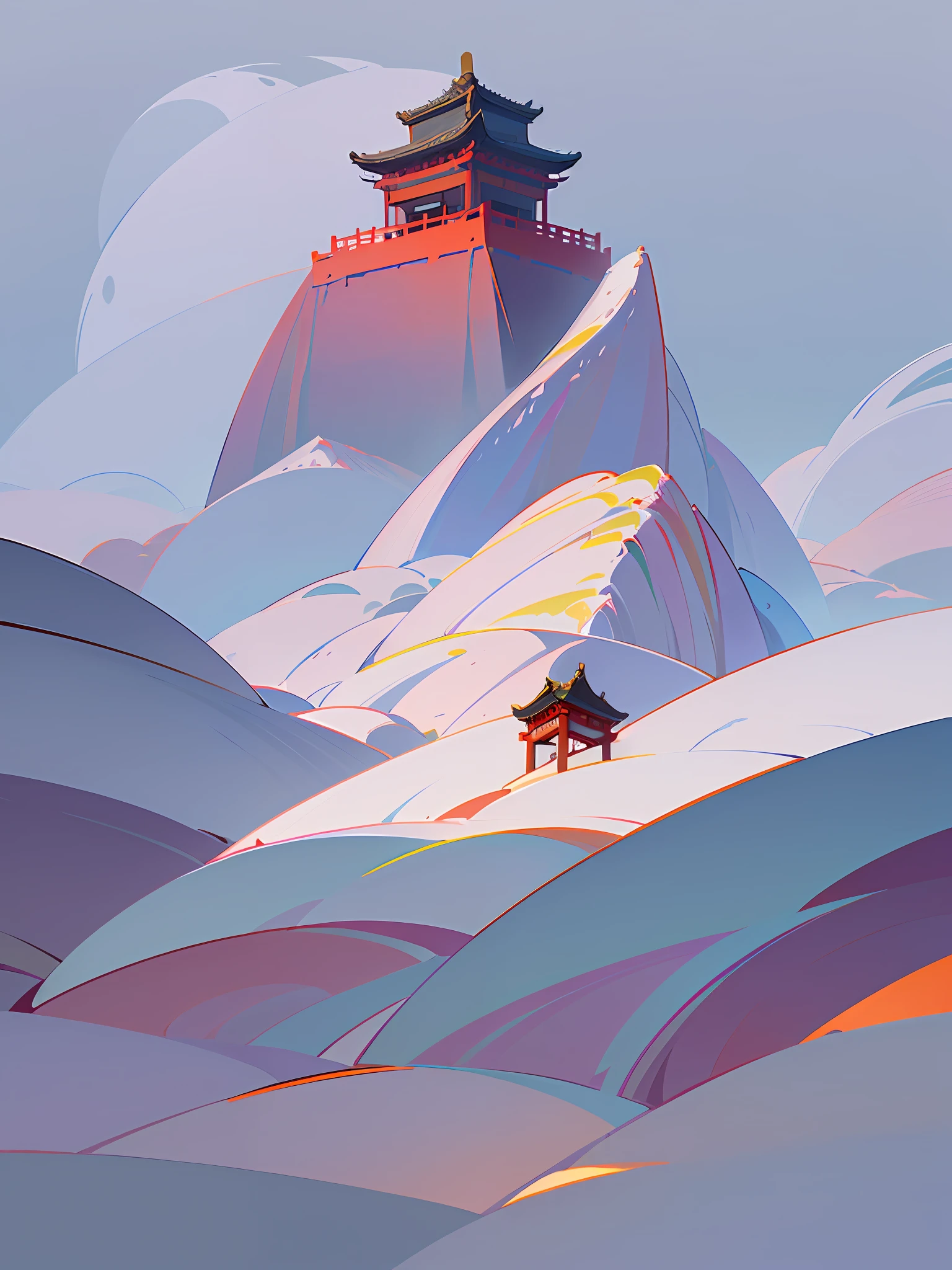 (Chinese landscape), (Zen, Amy Sol style), (drifting snow), (winter, snow, drifting snow, red plums, mountains, chinese ancient architecture), cover art with light abstraction, abstract, simple vector art, contemporary Chinese art, color gradients, soft color palettes, layered forms, whimsical animation, style Ethereal abstract, 4K, --v6