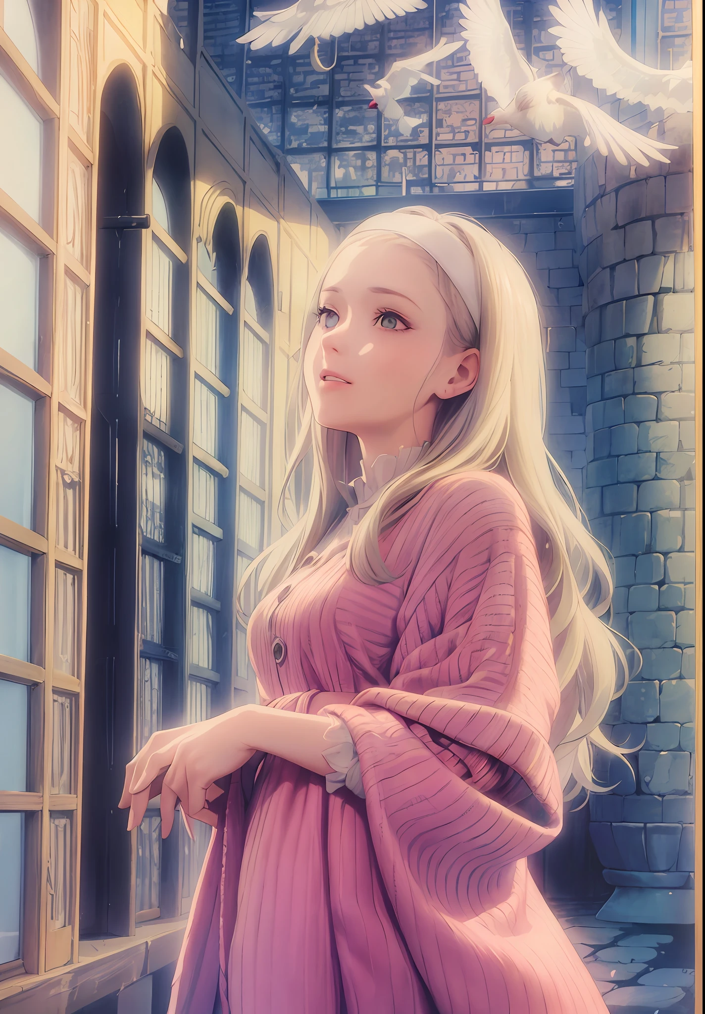 Beautiful mature woman, ((white long hair)), red headband swears, (white dress, high slit, revealing big white legs), white clouds float behind her like cotton candy, standing on the cloud (Keywords : Standing on the clouds, slim and graceful), the breeze blows through the clothes, reaches out and touches the flying pigeons, the holy smile blows the corners of the clothes and hair, sunny, mild sunshine, epic composition, high quality, the highest quality, Profile, 8K --v 6