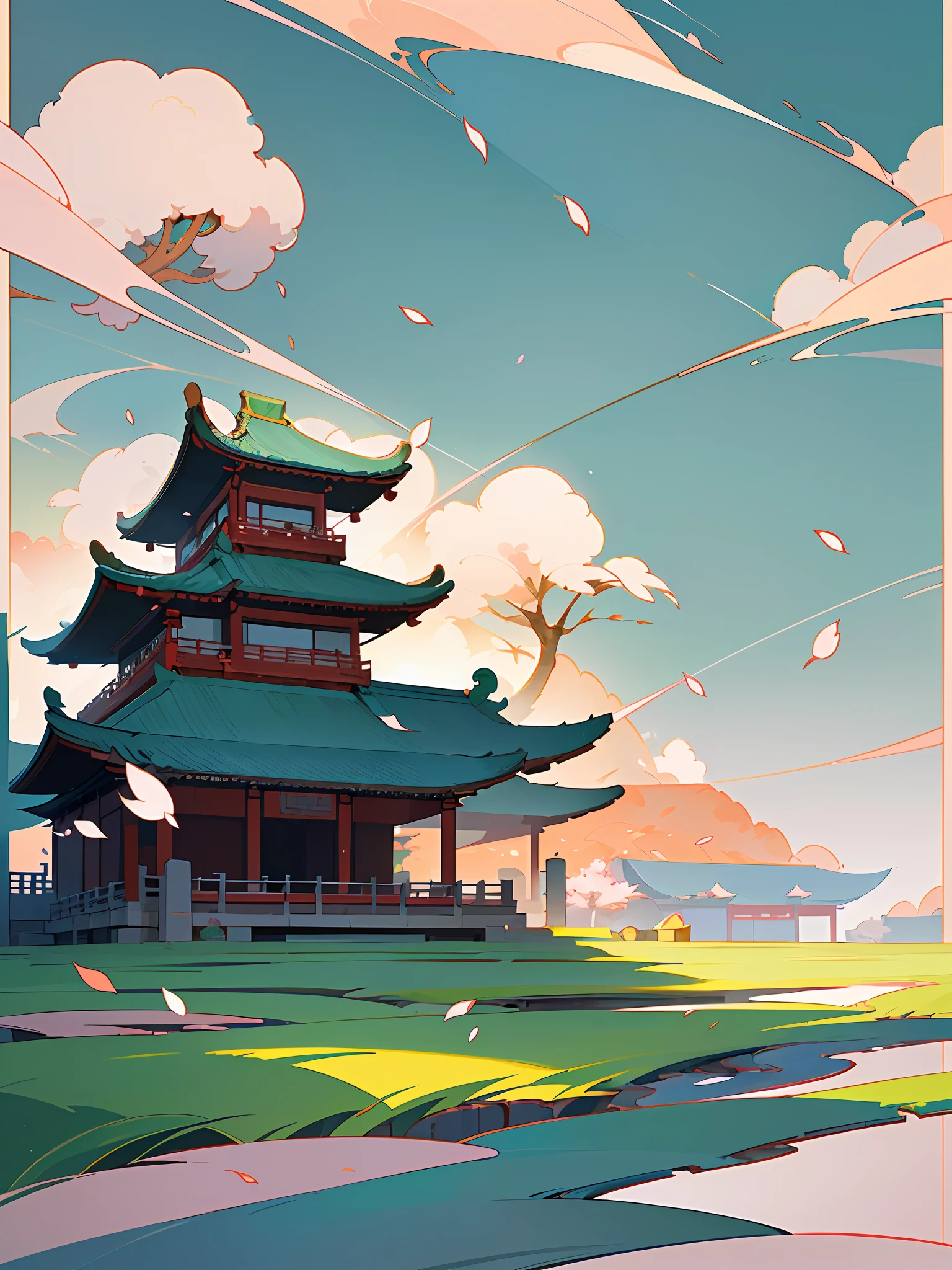 (Chinese landscape), (Zen, Amy Sol style), ( petals), (spring, peach blossoms, petals, green grass, chinese ancient architecture), cover art with light abstraction, abstract, simple vector art, contemporary Chinese art, color gradients, soft color palettes, layered forms, whimsical animation, style Ethereal abstract, 4K, --v6