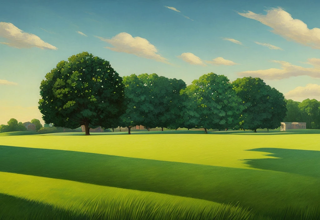 a green vilage, in the center of a field. an art deco painting by edward hopper and alberto giacometti ; highly - detailed!!; fine detail! 4 k texture post processing high resolution hdr 8 0 2 d matte background cg society contest winner award winning masterpiece trending on behance beautiful composition!!! full colour oil paint illustration geometric abstract watercolor sketch with many colors!!!!!!!!!!!!!!!!! very aesthetic shape design for'