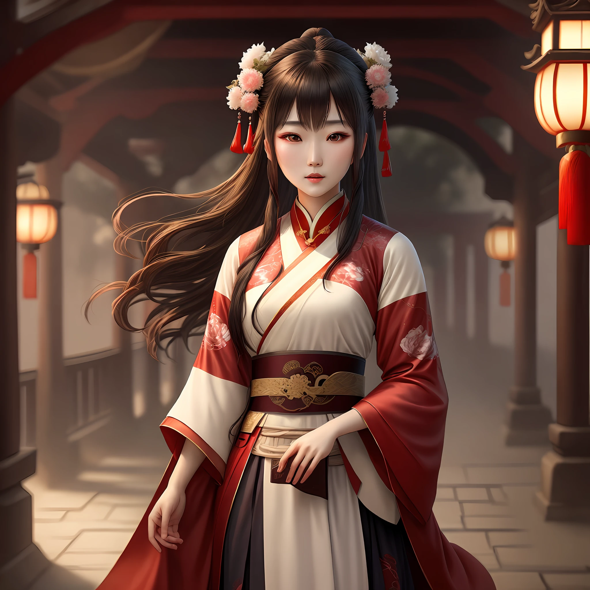 Chinese Hanfu, ancient times, official art, best quality, realistic lighting, super detailed, bridges, bloody battles