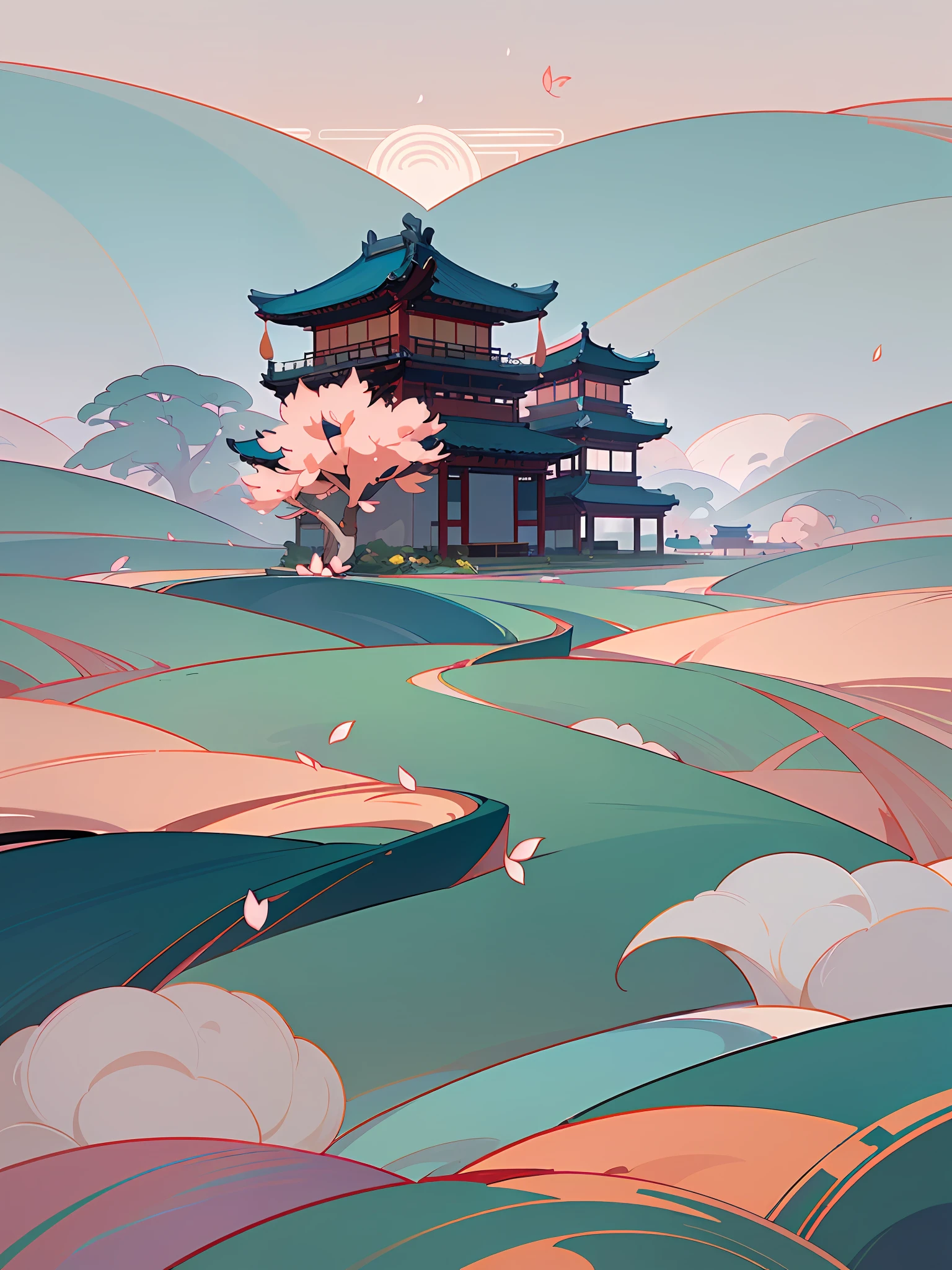 (Chinese landscape), (Zen, Amy Sol style), (spring, peach blossoms, petals, green grass, chinese ancient architecture), cover art with light abstraction, abstract, simple vector art, contemporary Chinese art, color gradients, soft color palettes, layered forms, whimsical animation, style Ethereal abstract, 4K, --v6