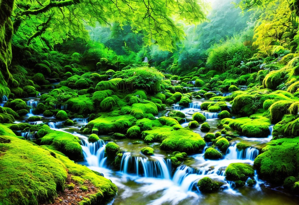 [(a green village), lush green trees, clear blue sky, flowing stream, peaceful atmosphere, chirping birds, vibrant colors, idyllic scenery, (a sense of tranquility),(moss, ferns, wildflowers),(a hint of mist):1.1]