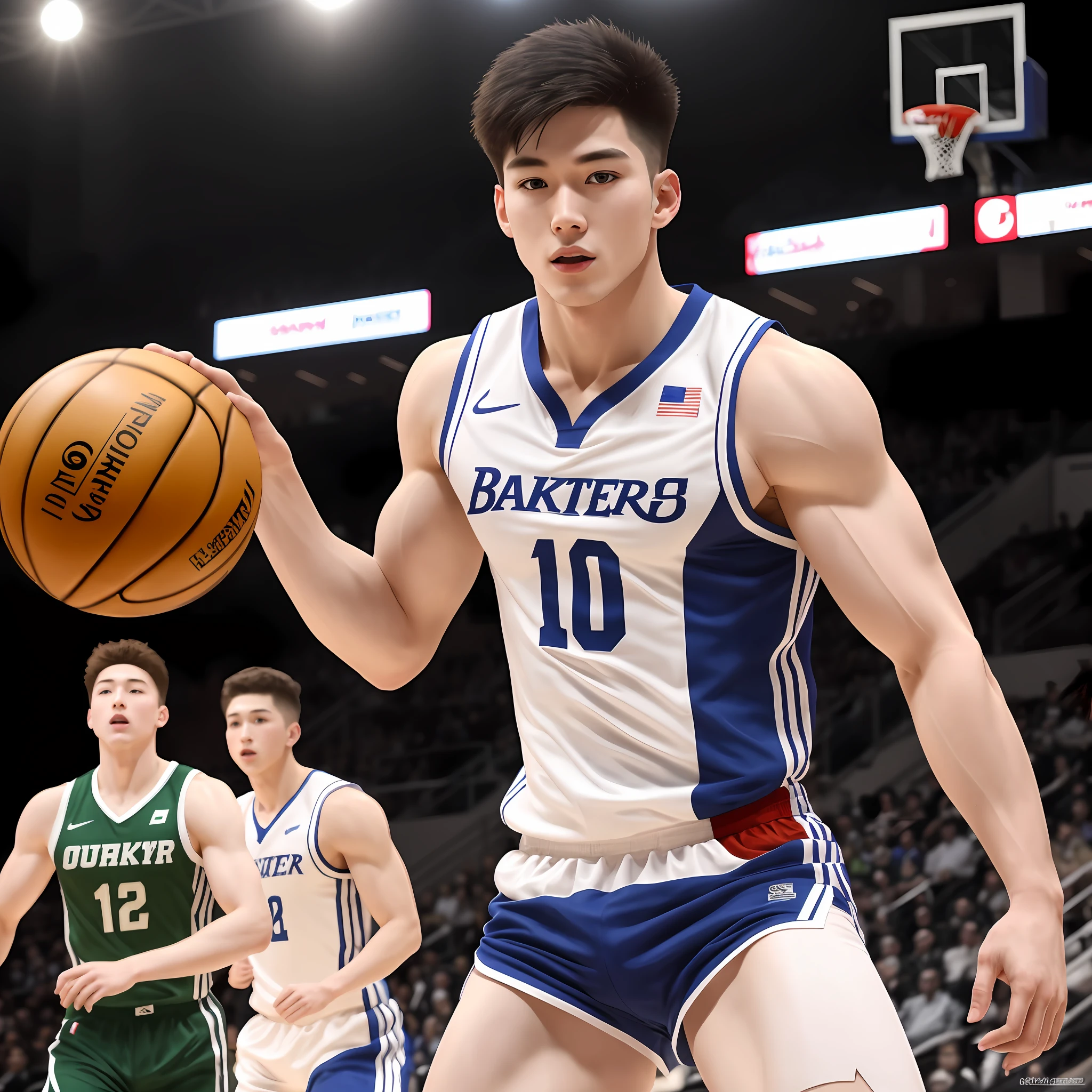 1boy, solo, (masterpiece, ultra quality, high resolution, 8k, intricate: 1.2), (detailed face:1.2), handsome, Young Korean man ,white skin, double eyelids , detailed skin, 1boy, ((realistic)), male focus, ((realistic)), ((pale skin)), volleyball, bulge, short black hair, detailed skin, pores, absurdres, male focus, ((realistic)), ((pale skin)), [[muscles]], hunk, handsome, sports, sexy, 1boy, hunk, muscle vein, perfect body, bouncing basketball, basketball uniforms, no extra people