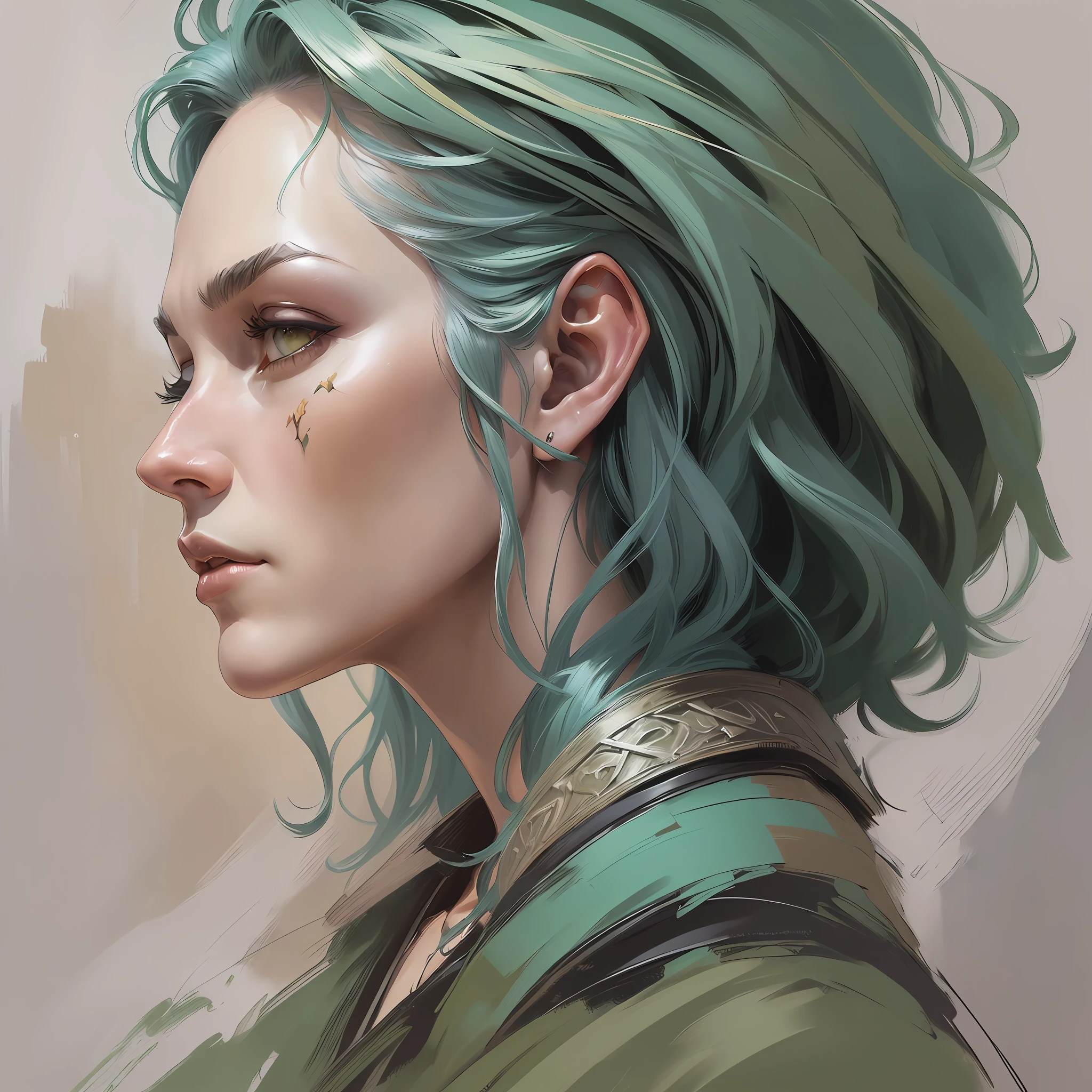 High angle detailed ((dnd druid portrait)), continued, high definition, (oil painting: 1.1), (comic art style: 1.5), (ink outline: 1.3), stunning, people, portrait, ((( Sideways view))), Angle features, (darkgrey Graduated Bob Hair), (mute natural colors:1.3) in painting style by Jean Baptiste Monge , --v 6