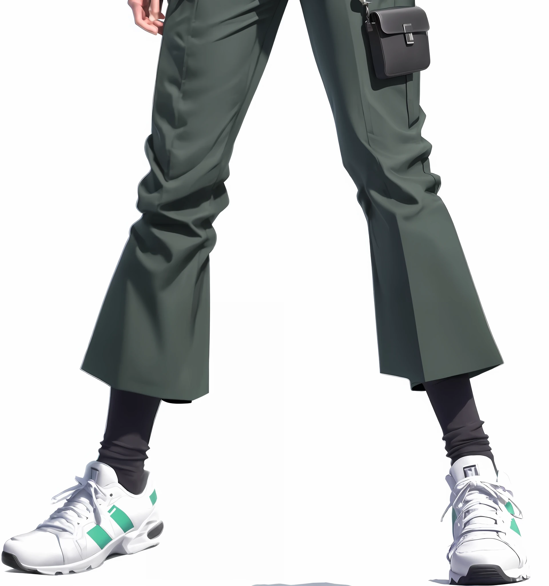 Anime character walking with camera and backpack, big pants, olive green slacks, sage (heroic), has two front pockets, overalls. Green legs, full body closeup, modern anime style, anime style. 8k, realistic anime girl rendering, 3d anime style, April rendering, realistic anime 3d style, realistic clothing, (8k, RAW photo, best quality, masterpiece:1.2), (realistic, photo-realistic:1.37), 1girl, solo,