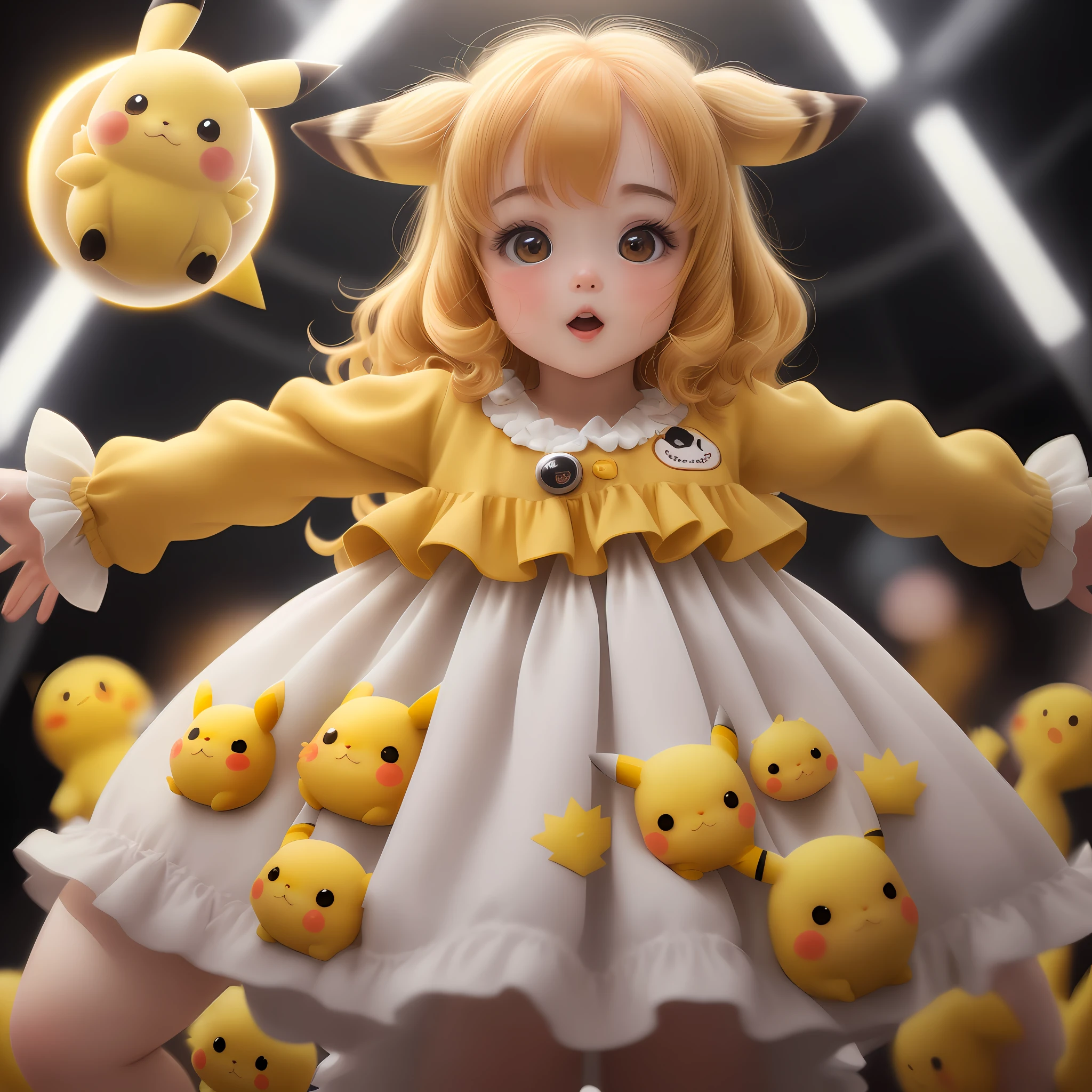(ultra-detailed, best quality, masterpiece, ultra-high resolution), zoomed in, a ((cute:1.3)|(charming)) Pikachu, big eyes, red cheeks, yellow hair, finely drawn hair texture , howling, bouncing, smooth skin with personalized homemade clothing, (Modern: 0.9+National Treasure: 1.1), dynamic background, portrait lighting, white or bright light, warm colors, suitable for mobile wallpapers.
