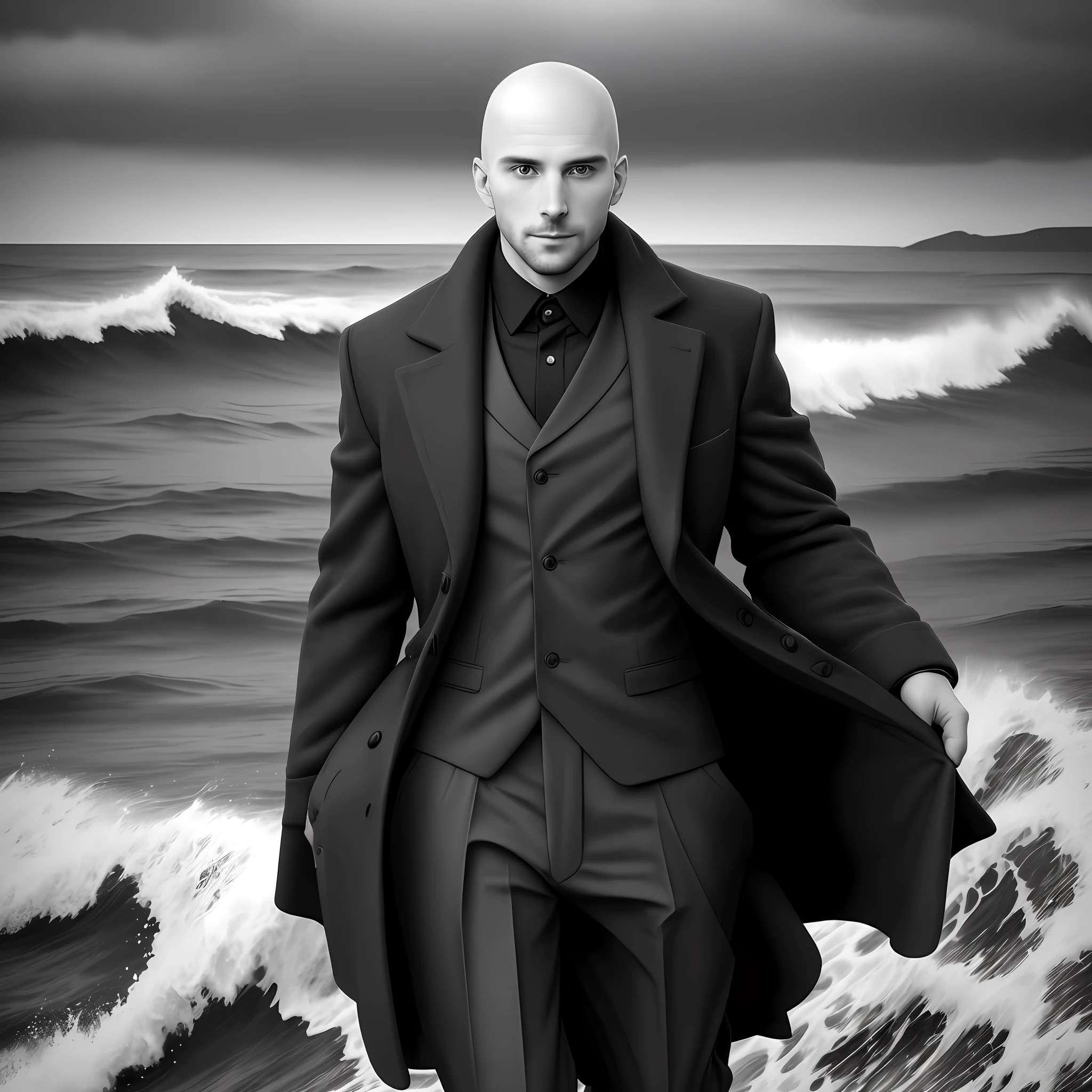 black and white photo of 32 year old male in black clothing, bald, face, dark, wearing overcoat, half body, body, highly detailed skin, skin pores, coastline, cloudy weather, wind, waves, 8k uhd, DSLR , soft lighting, high quality, film grain, Fujifilm XT3