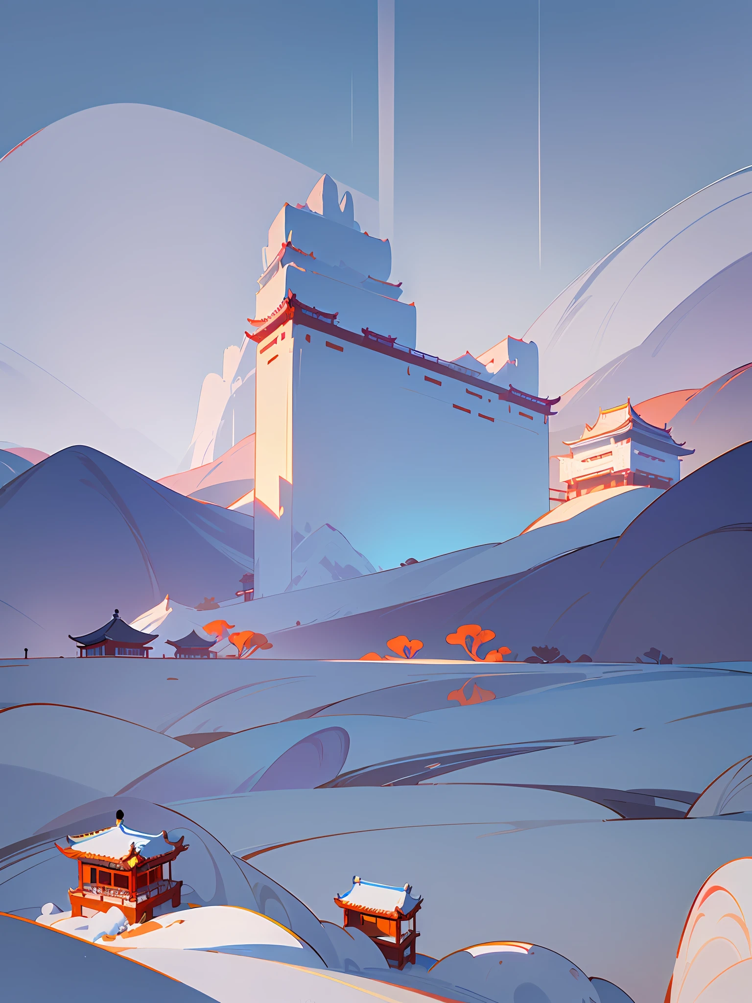 (Chinese landscape), (Zen, Amy Sol style), (winter, snow, drifting snow, red plums, mountains, chinese ancient architecture), cover art with light abstraction, abstract, simple vector art, contemporary Chinese art, color gradients, soft color palettes, layered forms, whimsical animation, style Ethereal abstract, 4K, --v6