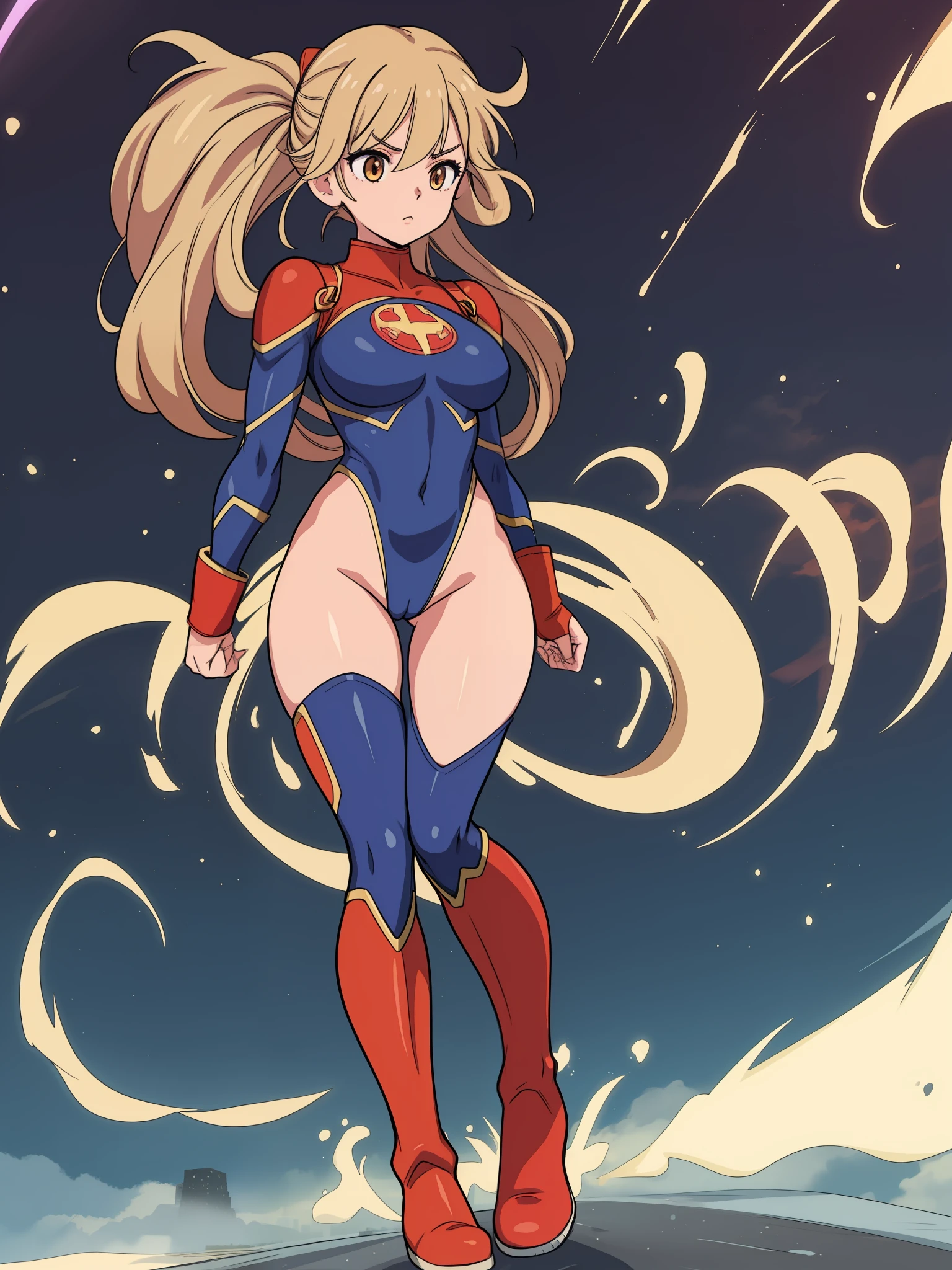 masterpiece, best quality, 1girl, female, superhero, leotard, bare legs, boots, matching boots, medium breasts, light particles, wind particles, aura, stand, standing, highleg, twirl, spin, tornado, tornado twirl, tornado spin, whirlwind, wind particles, city backdrop, time travel, solo,