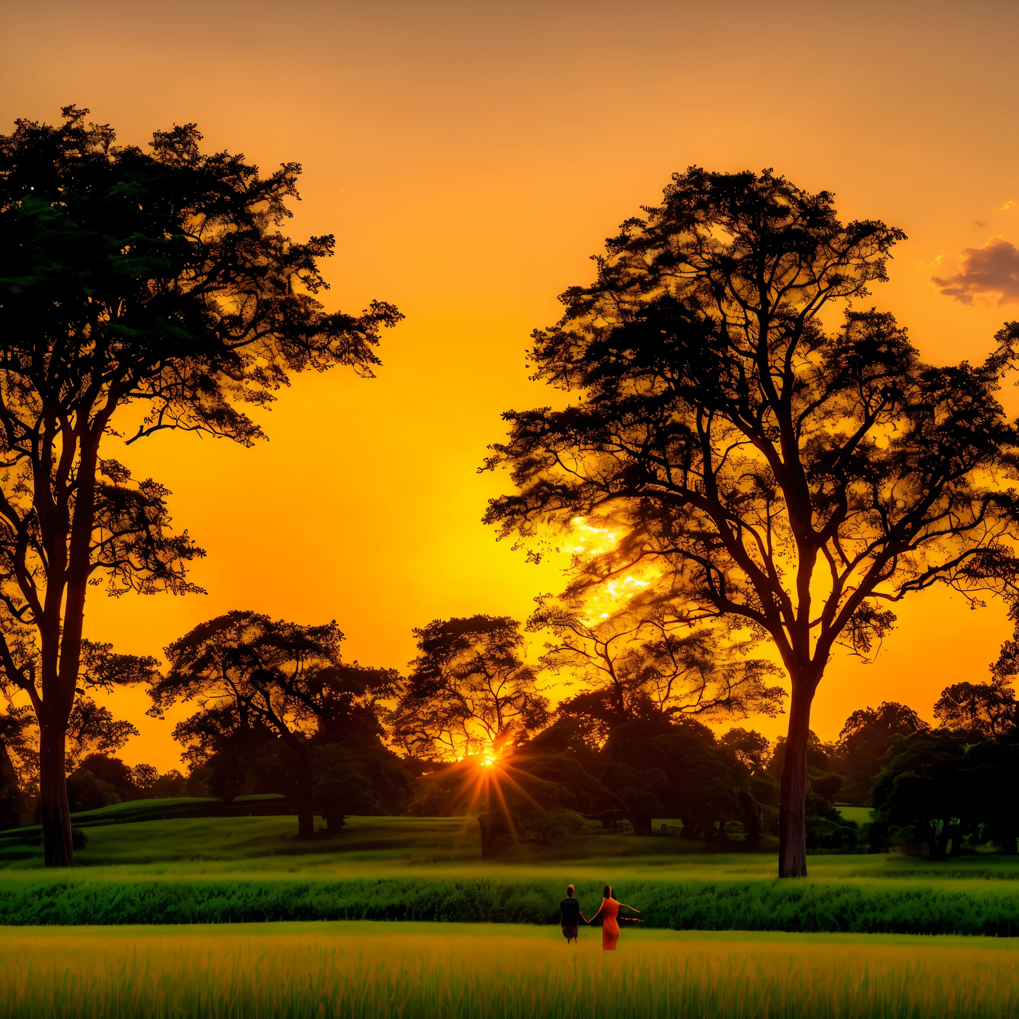 (An idyllic landscape at sunset), (with a verdant field 1.1), (Majestic trees and an orange sky full of vibrant colors.) In the center of the image, there is a person with open arms, looking at the sky, expressing gratitude and appreciation for the beauty around you.