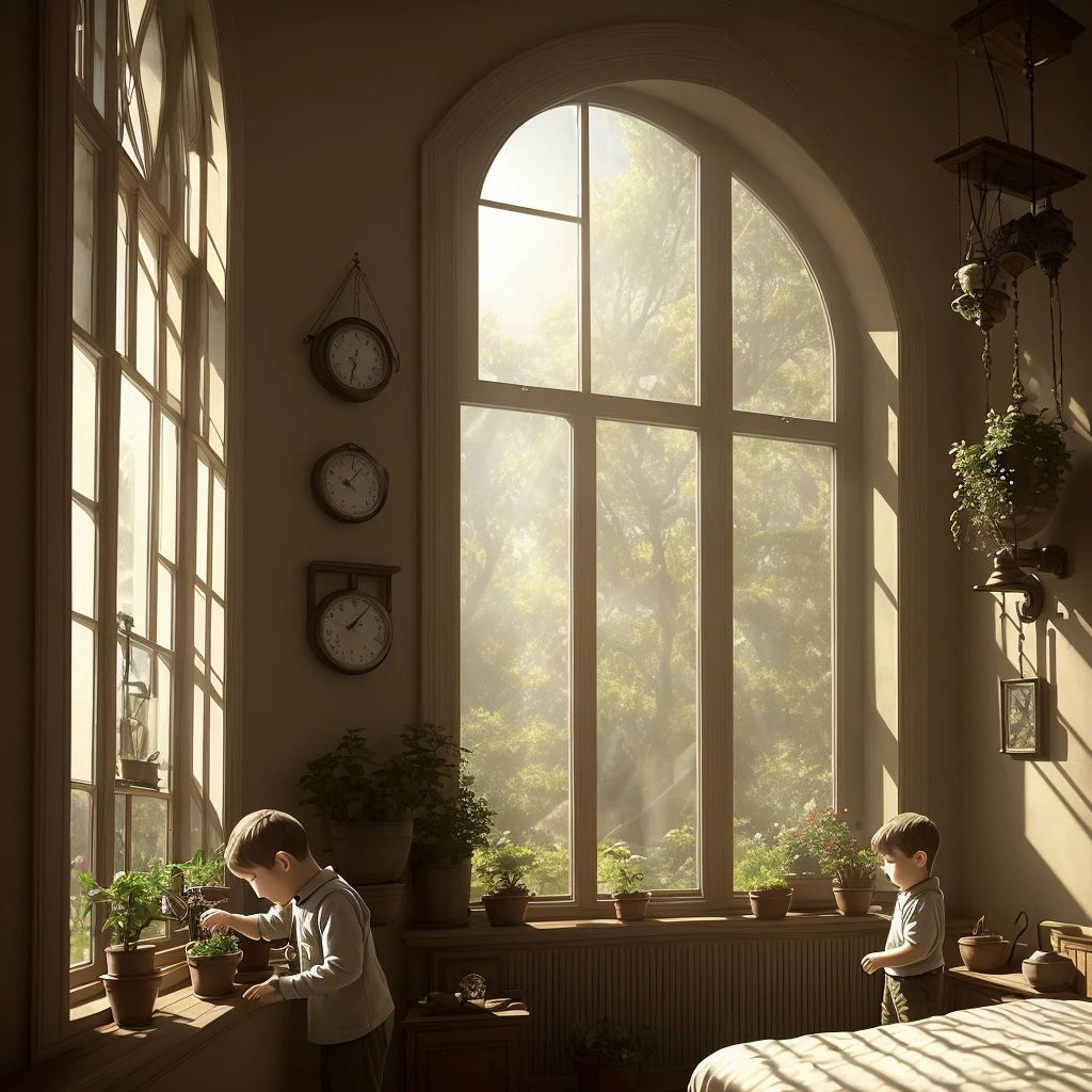 A boy is watering a planter by the window. The morning sun is shining through the triangular window. Pillow on the bed A pendulum clock hangs on the wall. The time is past seven in the morning, antique, hyper detailed, cinematic, fairy-tale, studio4℃ style --v 4 --v 4