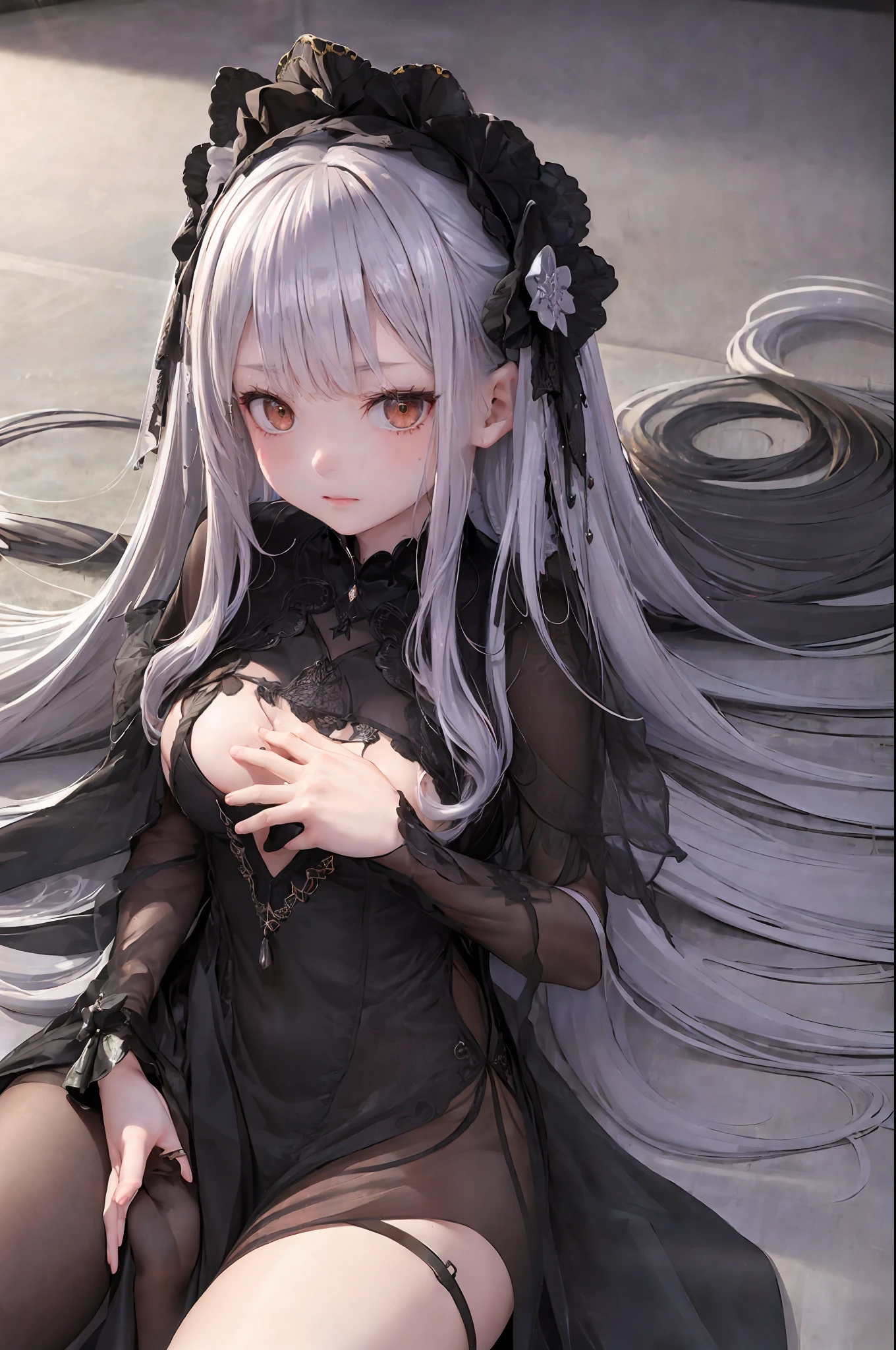 (8k, best quality, masterpiece: 1.2), 1 girl, headdress, portrait, (long loose black exposed dress: 1.1), cute, night, wet, photon mapping, radiosity, physics-based rendering, (complex fine details, taut clothes, hair ornament: 1.2), silver hair, lying down, holding hands on chest