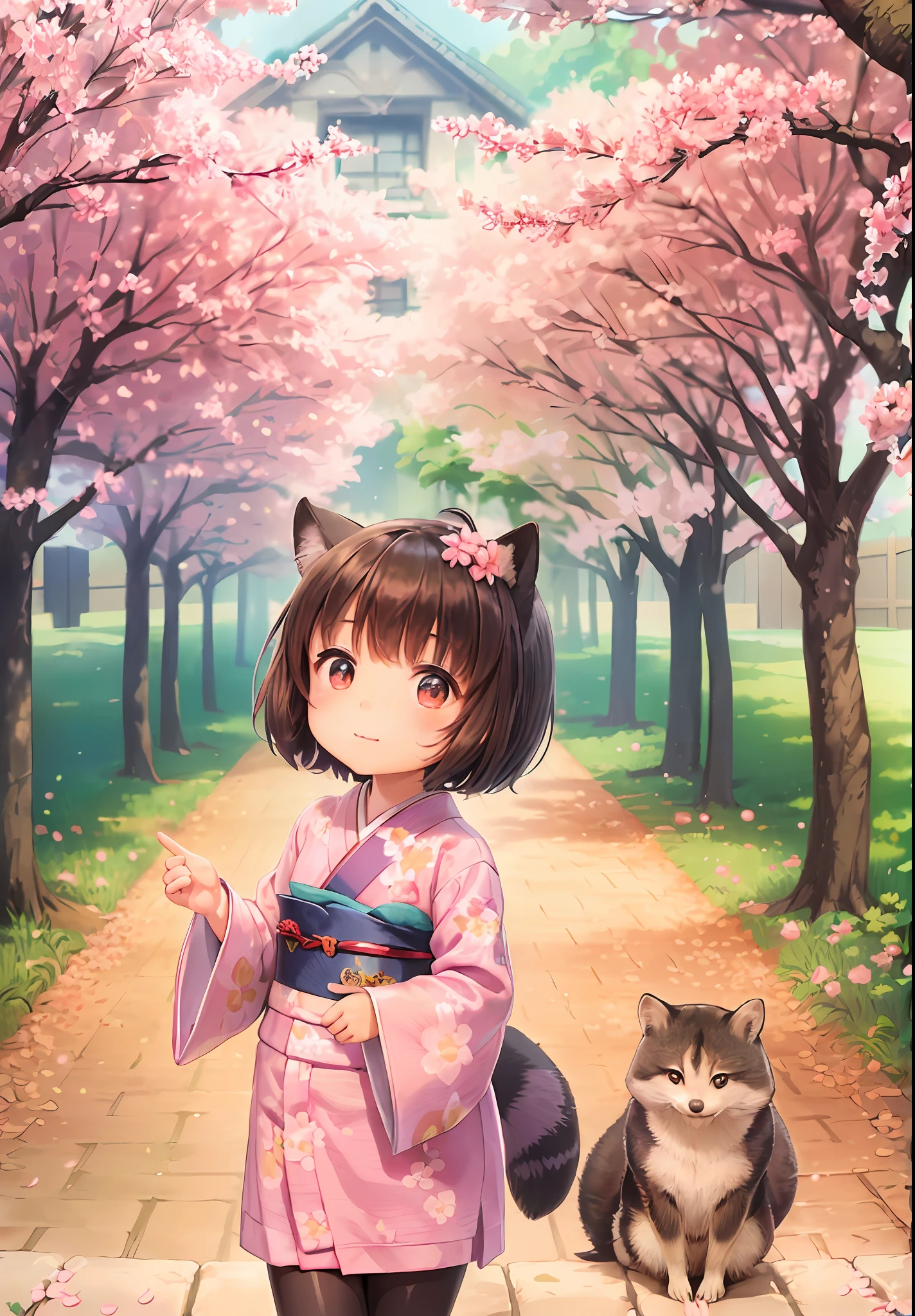 A cute little girl, ((wearing a kimono, the kimono is the same color as the cherry blossoms)), walking under the cherry tree, followed by two raccoon cats, the petals are flying in the air, the picture is warm and joyful, super detailed, super high quality, photon map --v 6