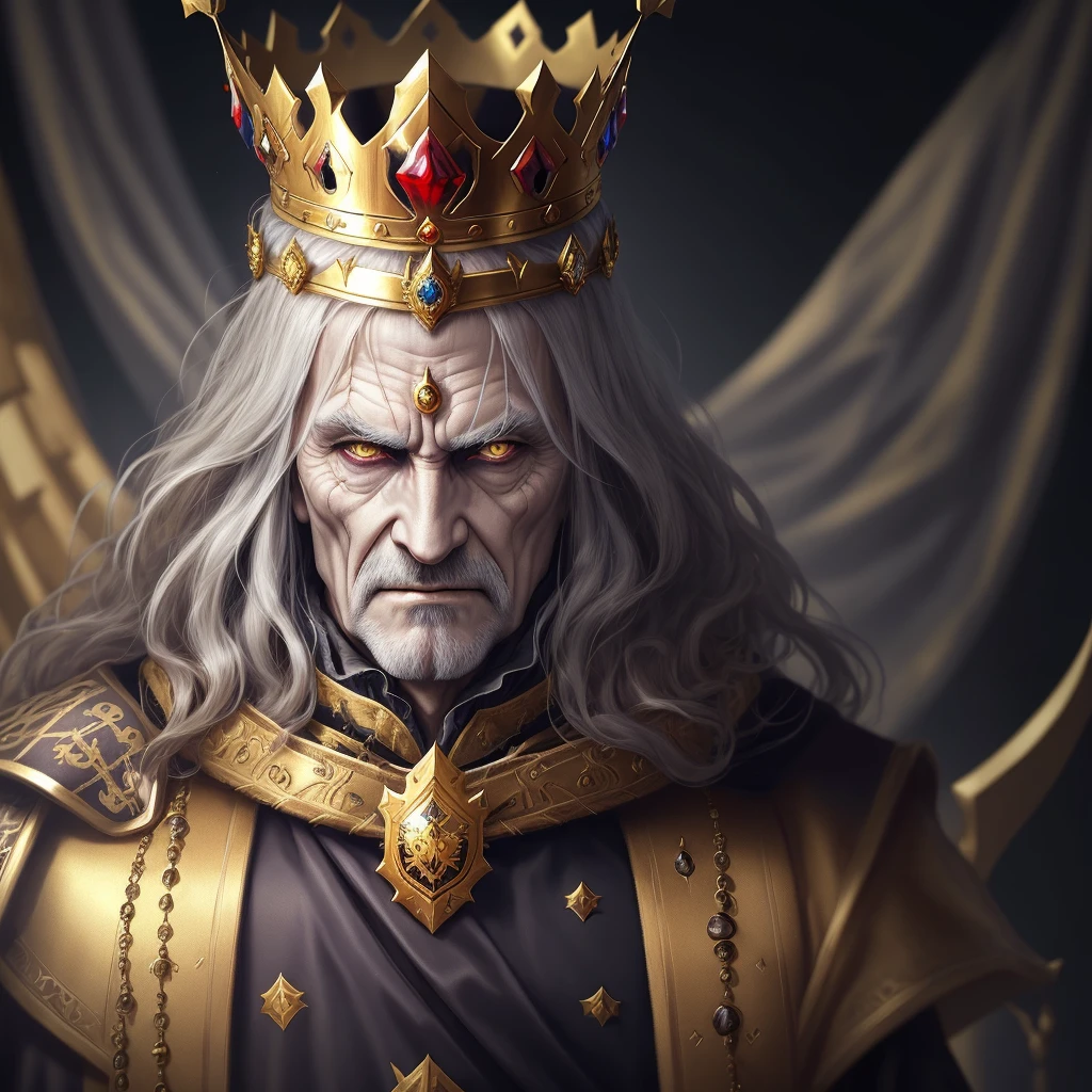 (best image) realistic, evil old king wearing crown, dark background, golden throne