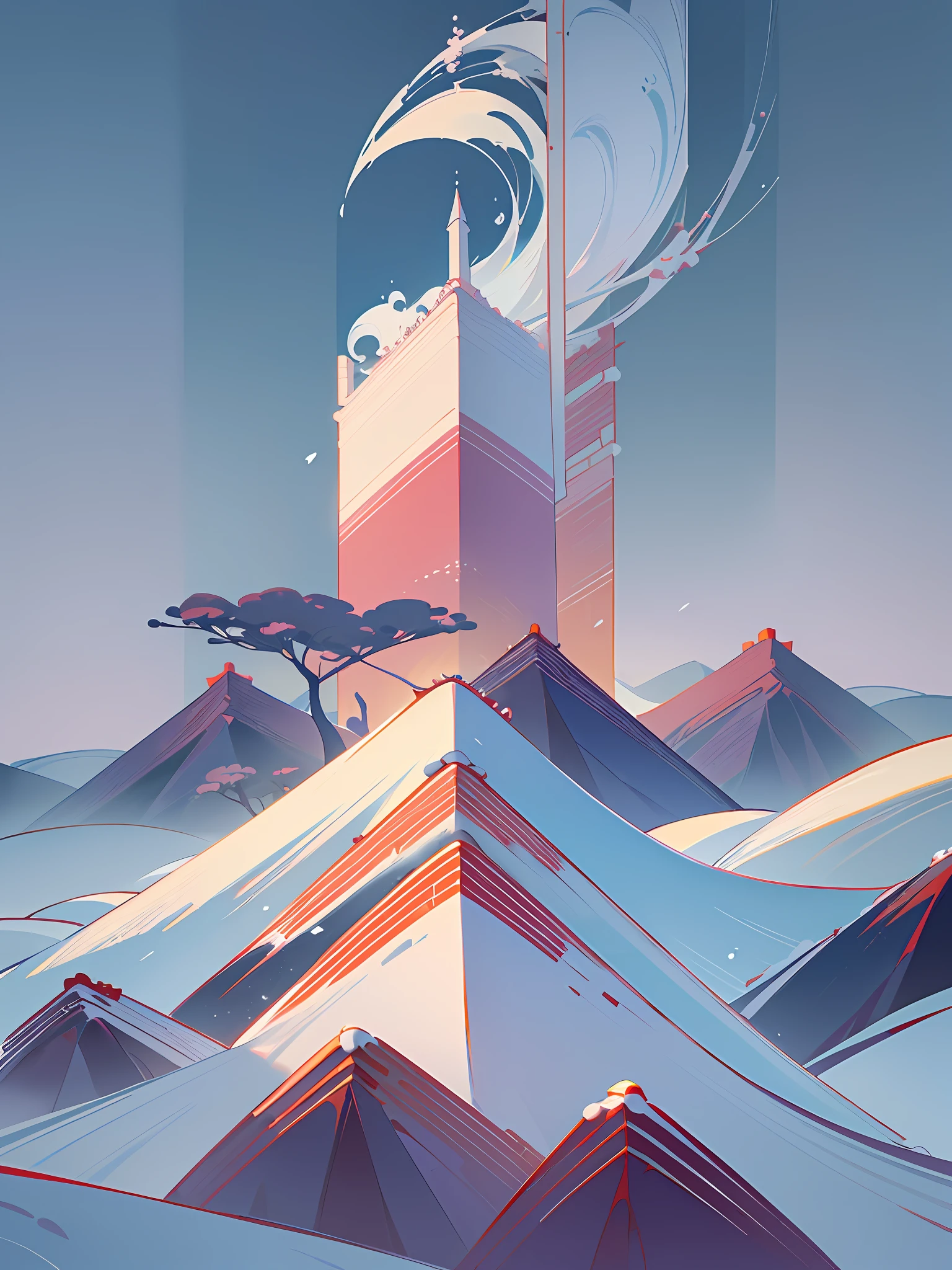 (Chinese landscape), abstract painting, (Zen, Amy Sol style), (winter, snow, drifting snow, plum blossom, mountains, chinese ancient architecture), cover art with light abstraction, simple vector art, contemporary Chinese art, color gradients, soft color palettes, layered forms, whimsical animation, style Ethereal abstract, 4K, --v6