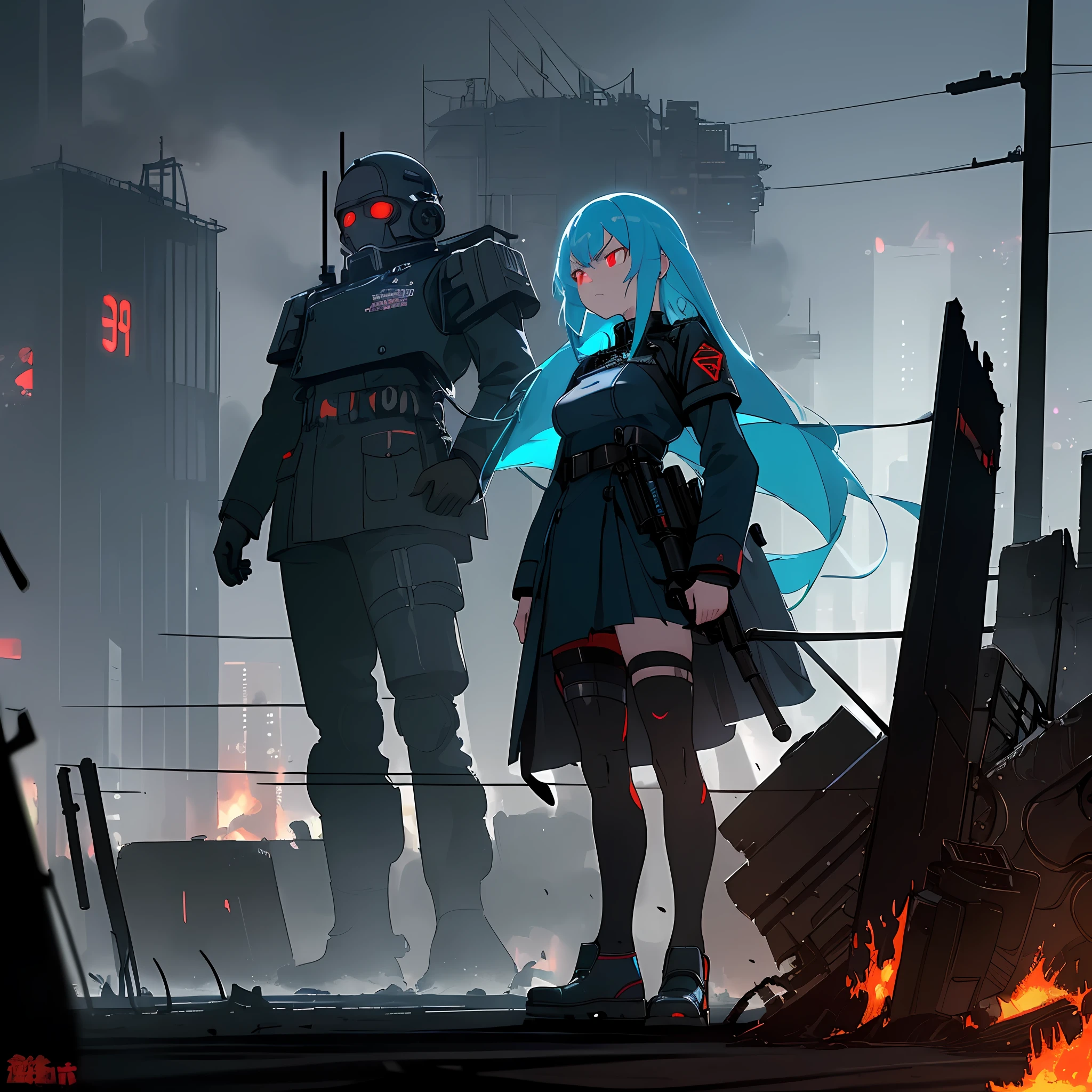 (best quality, masterpiece, extremely detailed), 1girl, solo, long neon blue hair, neon red eyes, angry look, blue military officer dress, black asymmetrical shoes, arms crossed, sanding still, destroyed futuristic metropolis on fire, warfare, burning background, night, lighting, HDR,