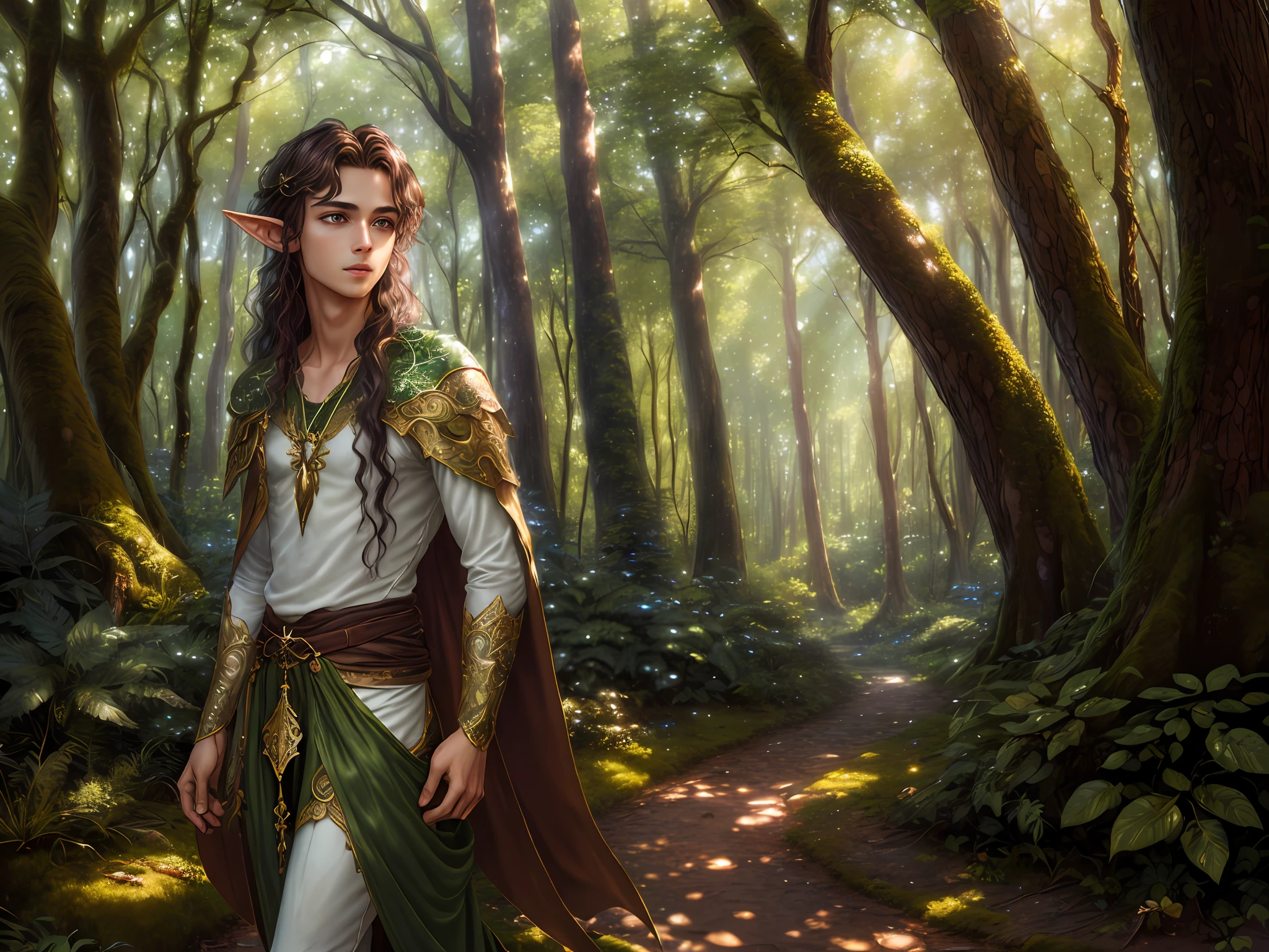 beautiful androgynous thin male elf in the forest, the rays of the sun, spring forest, long dark hair, green eyes, ((best quality)), ((masterpiece)), (detailed), realistic eyes, alluring male, ethereal beauty, (fantasy illustration:1.3), enchanting gaze, captivating pose, solo (boy), delicate, otherworldly charm, soft colors, (detailed forest landscape:1.3) (fantasy illustration:1.3)
