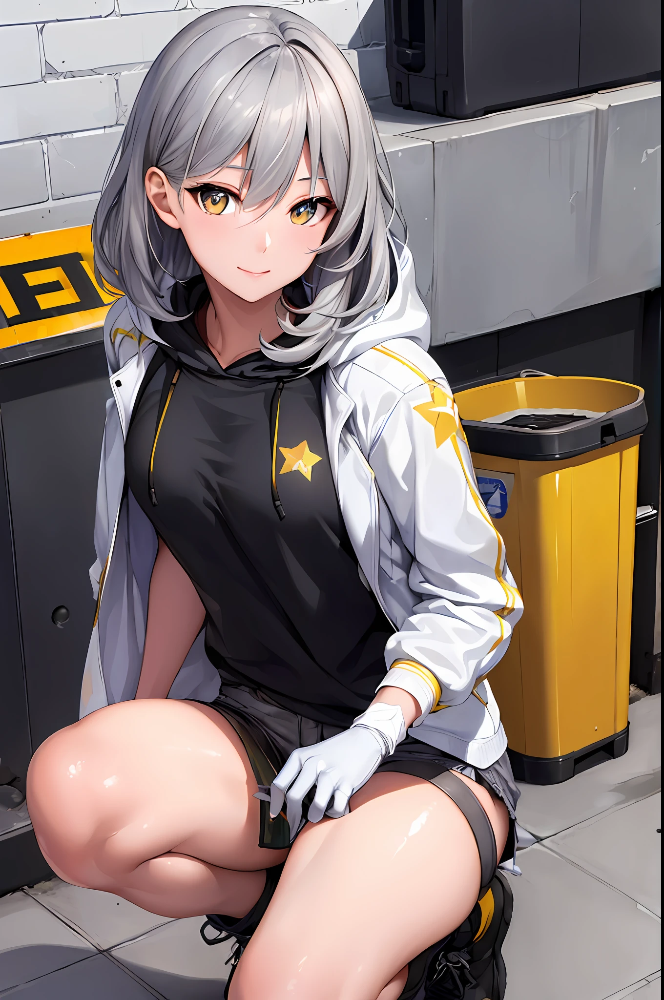 (photorealistic:1.4), (masterpiece, sidelighting, finely detailed beautiful eyes: 1.2), masterpiece*portrait, realistic, 3d face, Stelle \(honkai star rail\), 1girl, black hoodie jacket with yellow line,open jacket, white t-shirt inside hoodie, street, recycle bin, bangs, black gloves,  (grey hair), yellow eyes, gloves, medium hair, looking at viewer, medium breasts