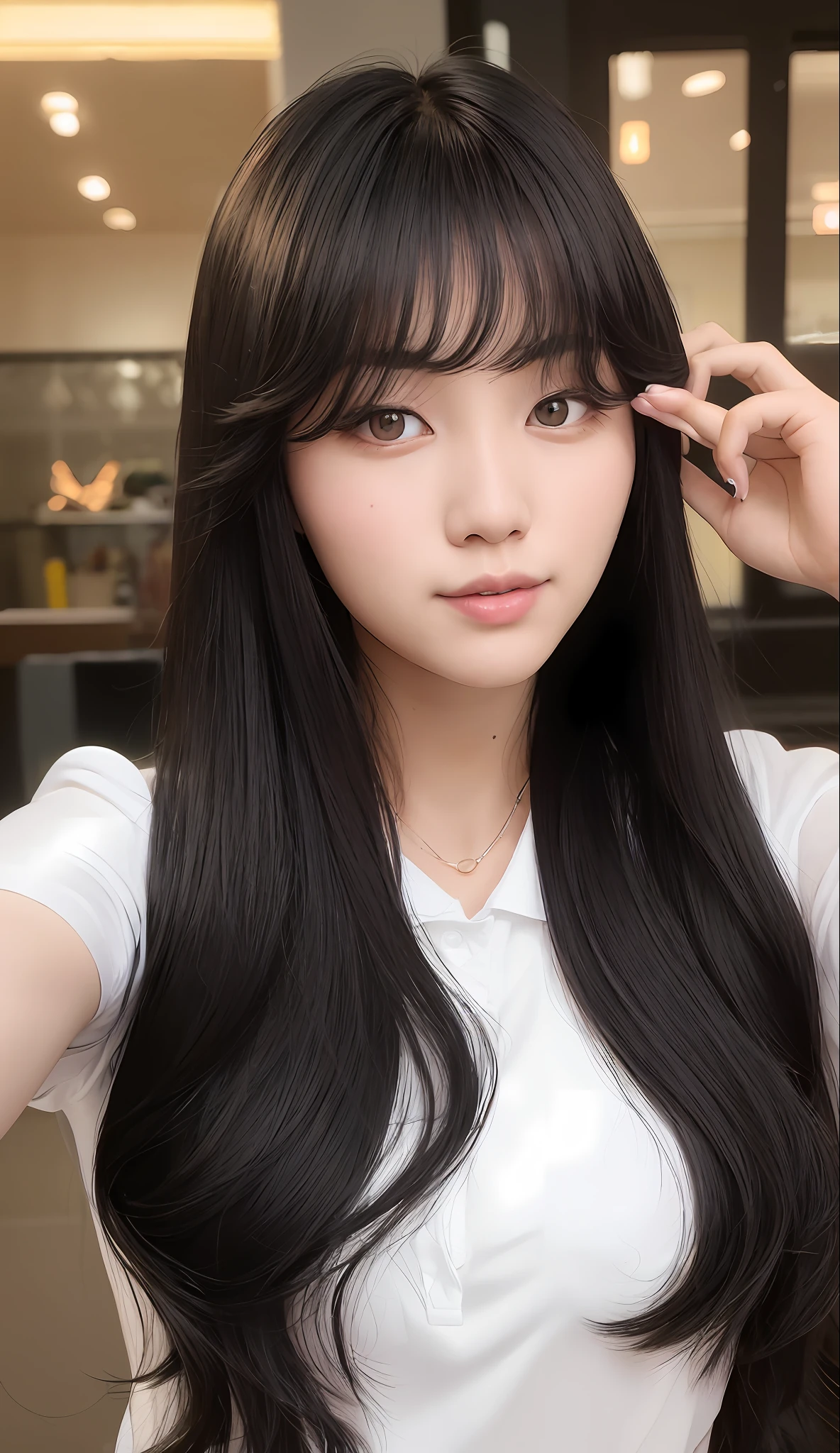 Asian woman with black medium length hair and white shirt, selfie charcoal, convenience store front, Ulzzang, long black hair with bangs, straight black hair, gorgeous Korean woman,