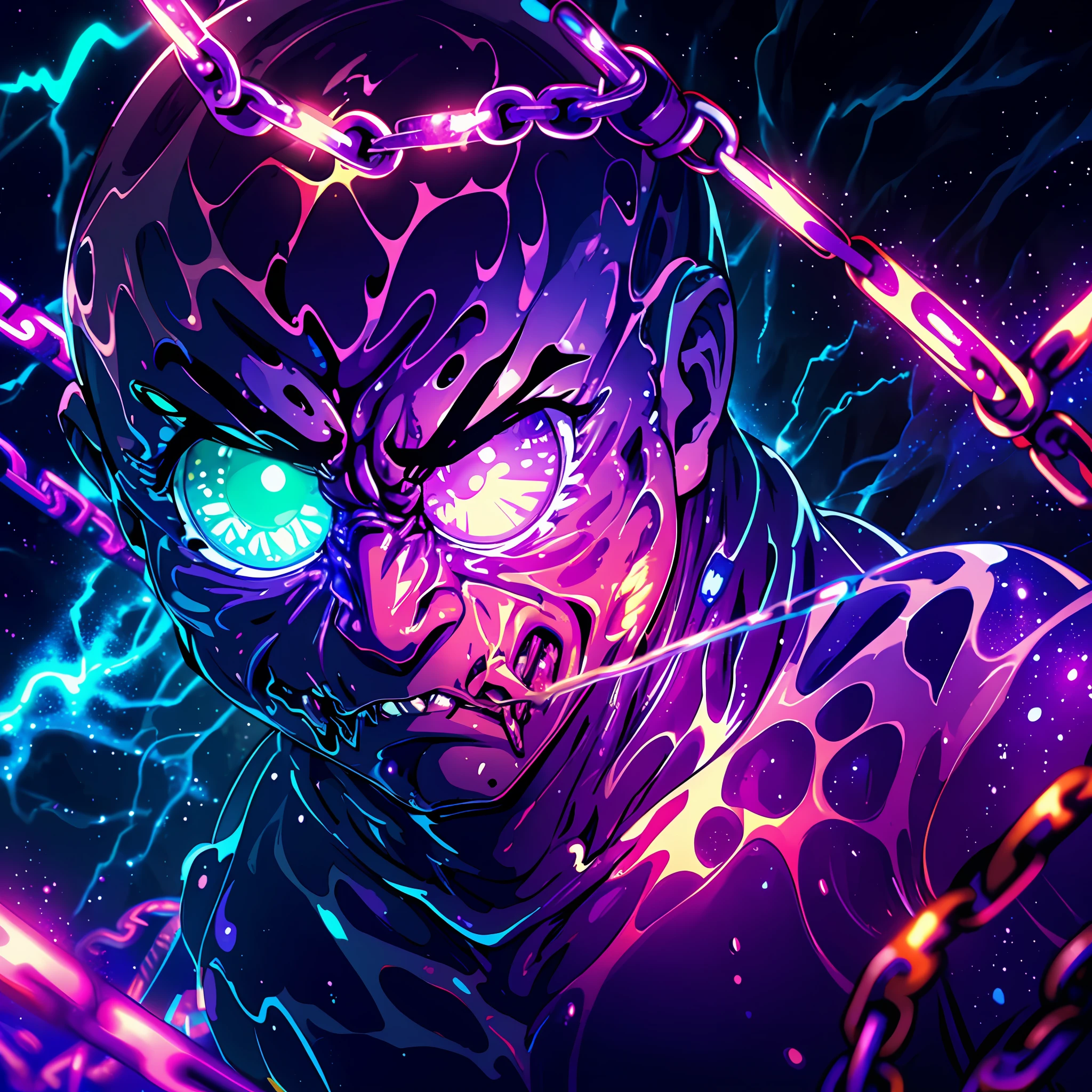 sticky slime man, muscle, glowing skin, purple, sticky, glowing eyes, rage, chains, night, background, lava, lightning, clouds, ultra wide angle, dreamy glow