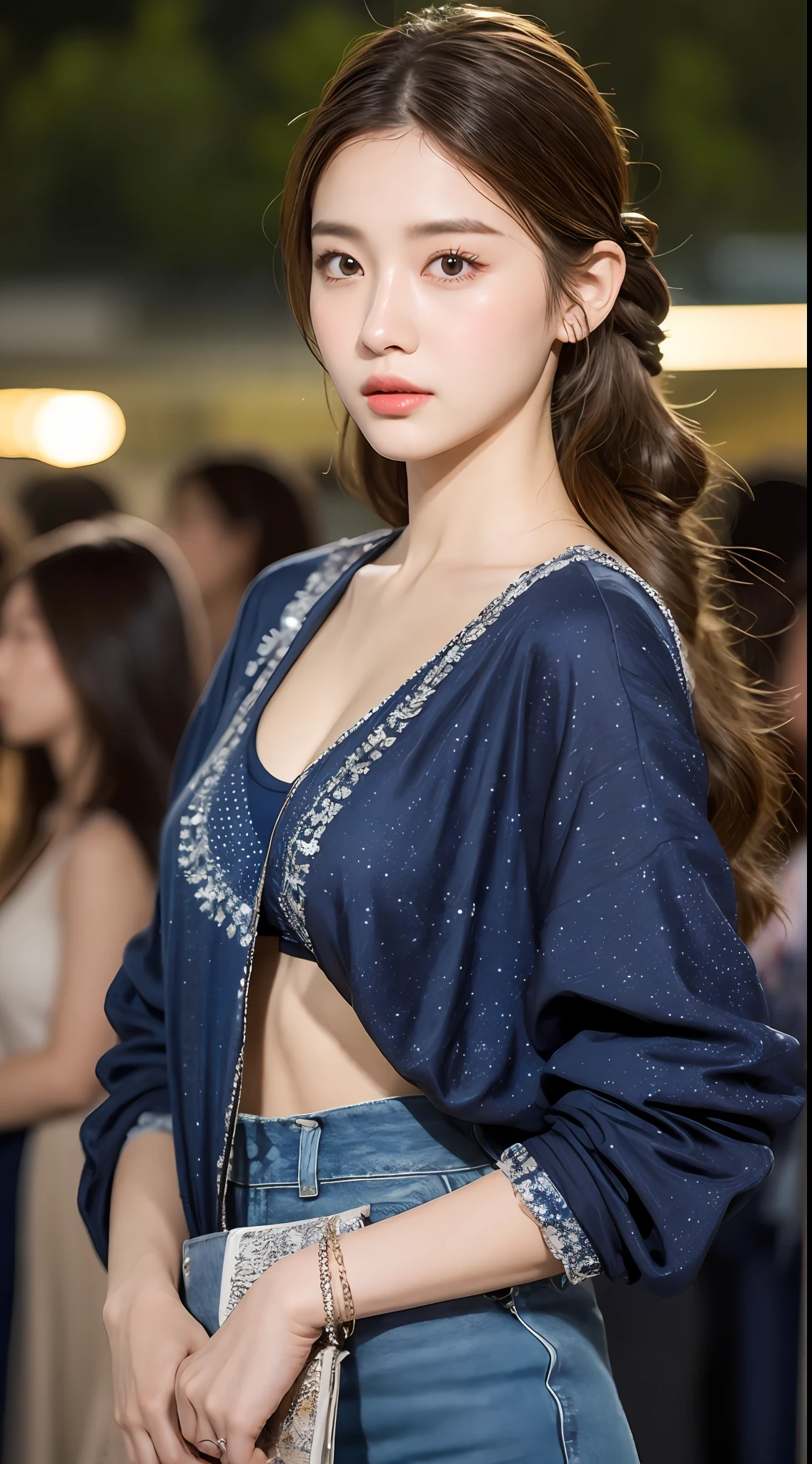 Best quality, realistic, realistic, extremely detailed, extremely delicate and beautiful, RAW photo, professional lighting, facial lighting, depth of field, single focus, full body, a 20 year old woman, (night, beach, starry sky: 1.4), brown hair, brown eyes, smaller head, ((big breasts)), fashion girl, beautiful eyes, real face, real skin, realistic face, realistic skin, detailed eyes, detailed facial features, detailed clothes features, (fashionable clothes: 1.3 ), (fashionable hairstyles: 1.3) dynamic poses, looking at viewer, detailed face and chest, (pureerosface_v1:0.33), (ulzzang-6500:0.33),