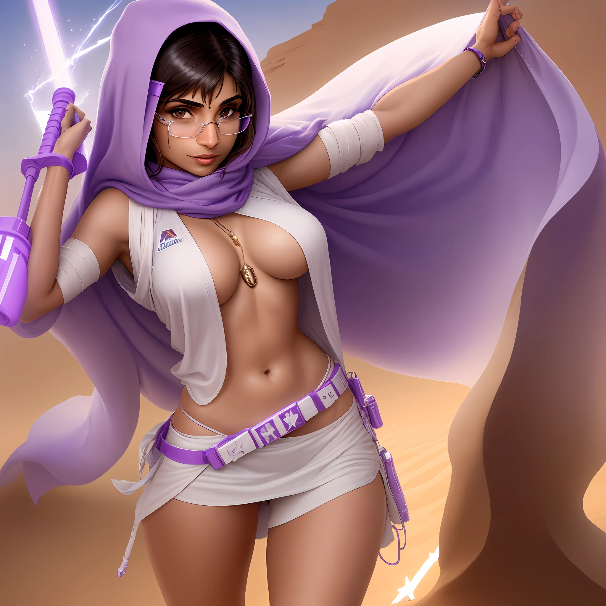 Mia Khalifa, Jedi, dressed in white, holding a purple lightsaber in right hand, using the force with left hand, star wars desert in backround, tatooine, view of whole body, lightsaber fully ignited,