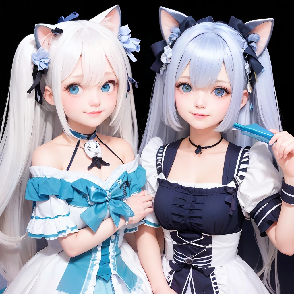 White hair, blue dyed cat ears, blushing, smiling, looking at the camera, double ponytails, holding a doll