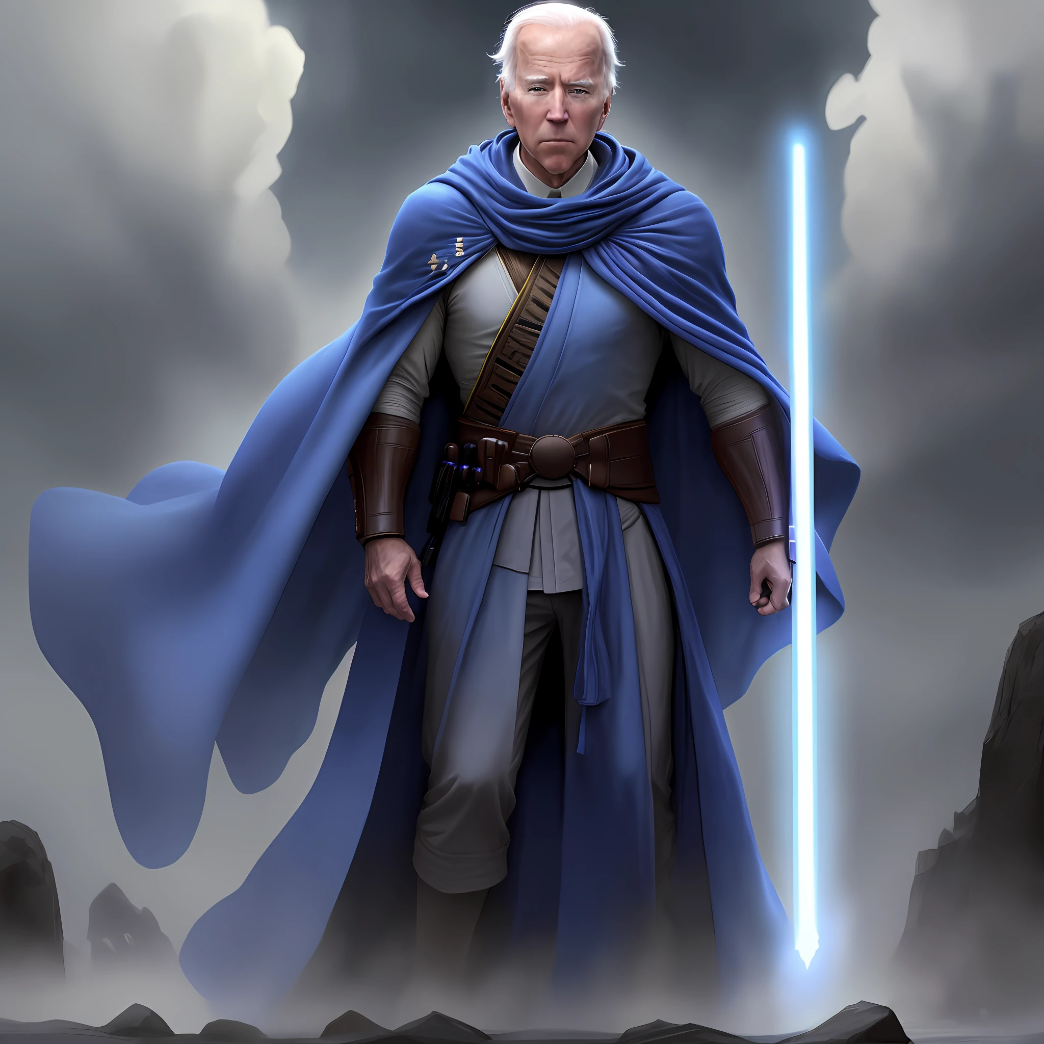 Joe Biden, Jedi Knight, body view from head to knees, jedi robes, big blue cape